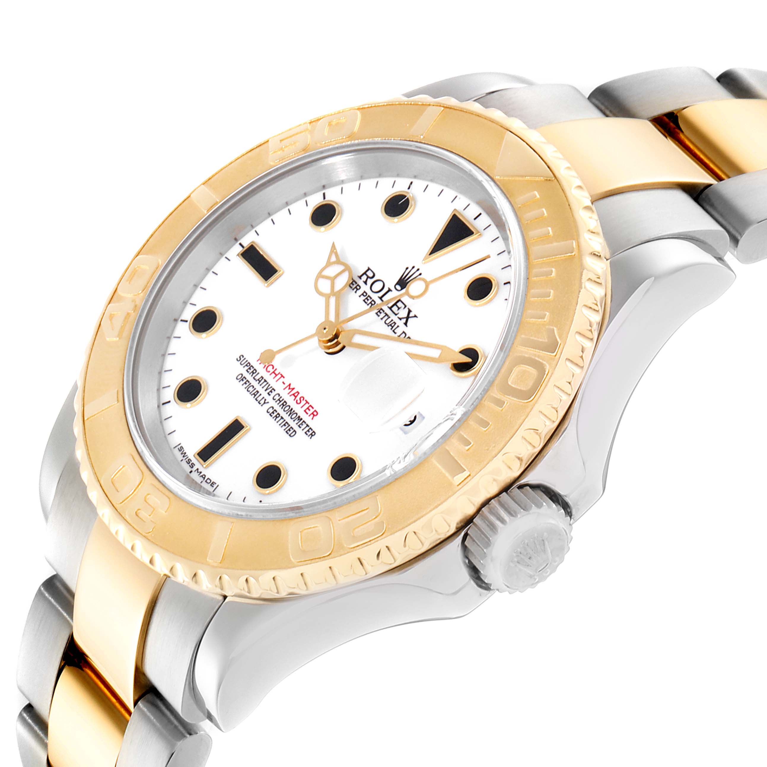 The image shows a close-up of the Yacht-Master Rolex watch from a slight angled side view, highlighting the bezel, dial, and part of the bracelet.