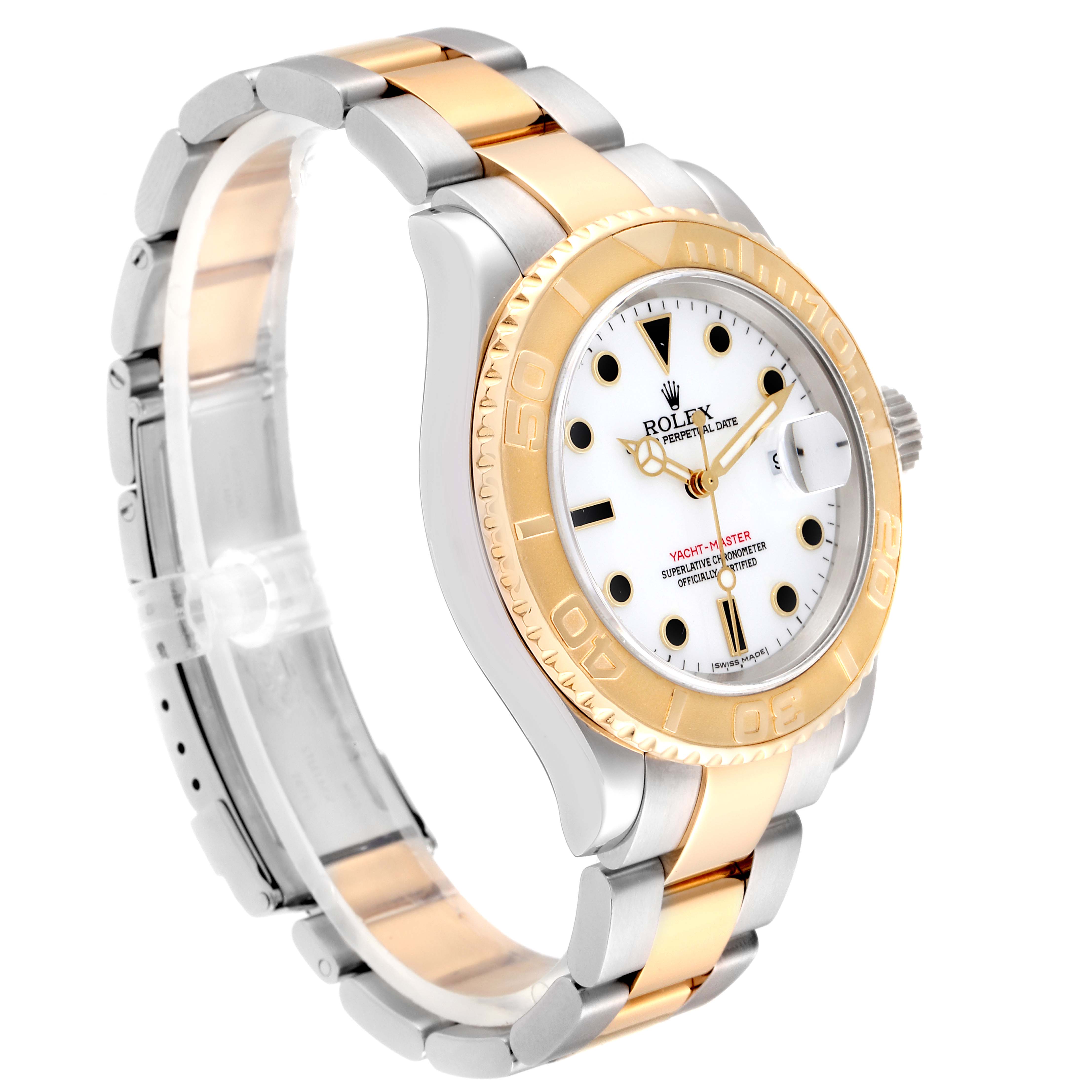 The Rolex Yacht-Master 16623 Men
s Steel and Gold (two tone) White Dial 16623 Men
s Steel and Gold (two tone) White Dial watch is shown at a three-quarter view, highlighting its two-tone bracelet, white dial, and gold bezel.