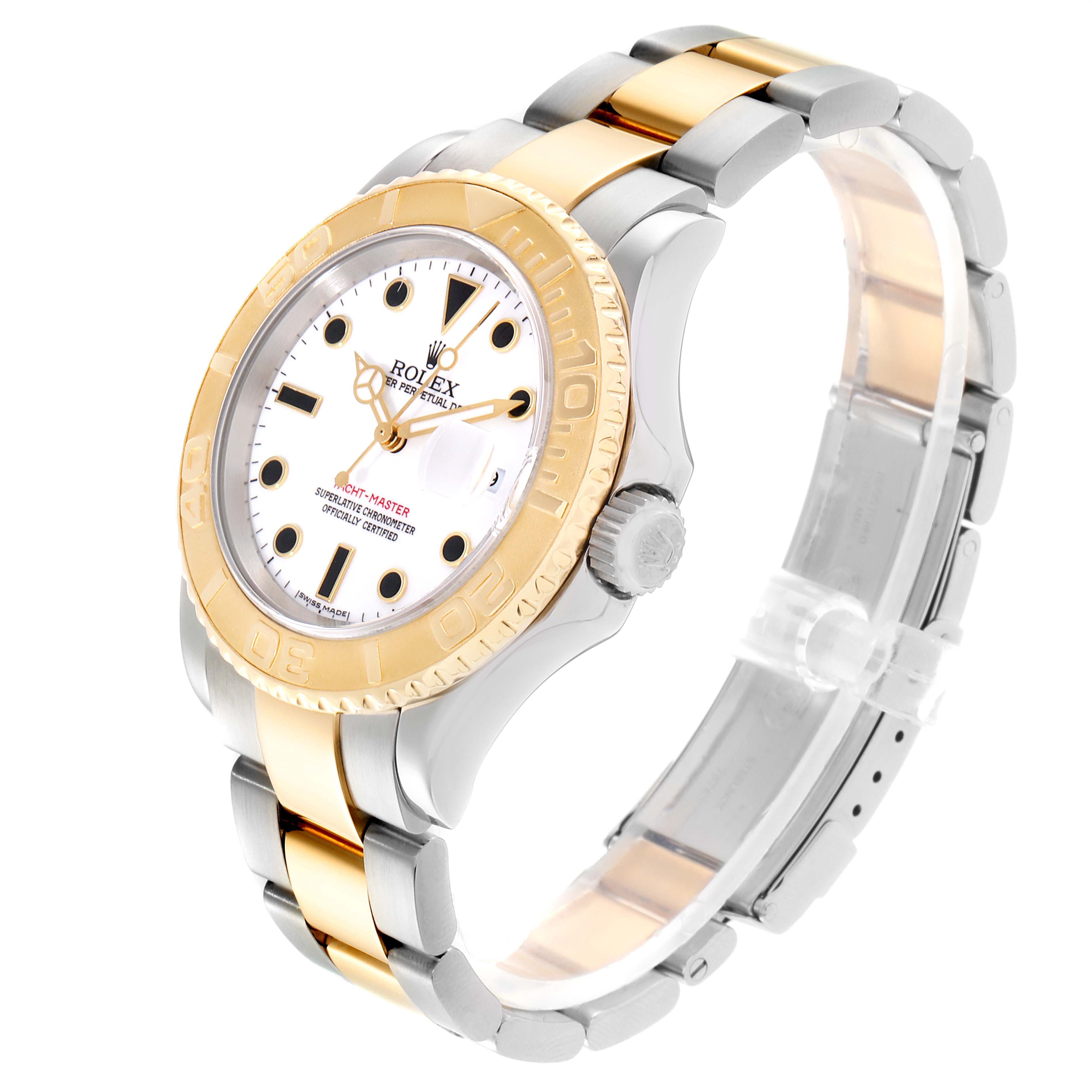 The Rolex Yacht-Master 16623 Men
s Steel and Gold (two tone) White Dial 16623 Men
s Steel and Gold (two tone) White Dial watch is shown at an angle, displaying its two-tone bracelet, gold bezel, and detailed dial.