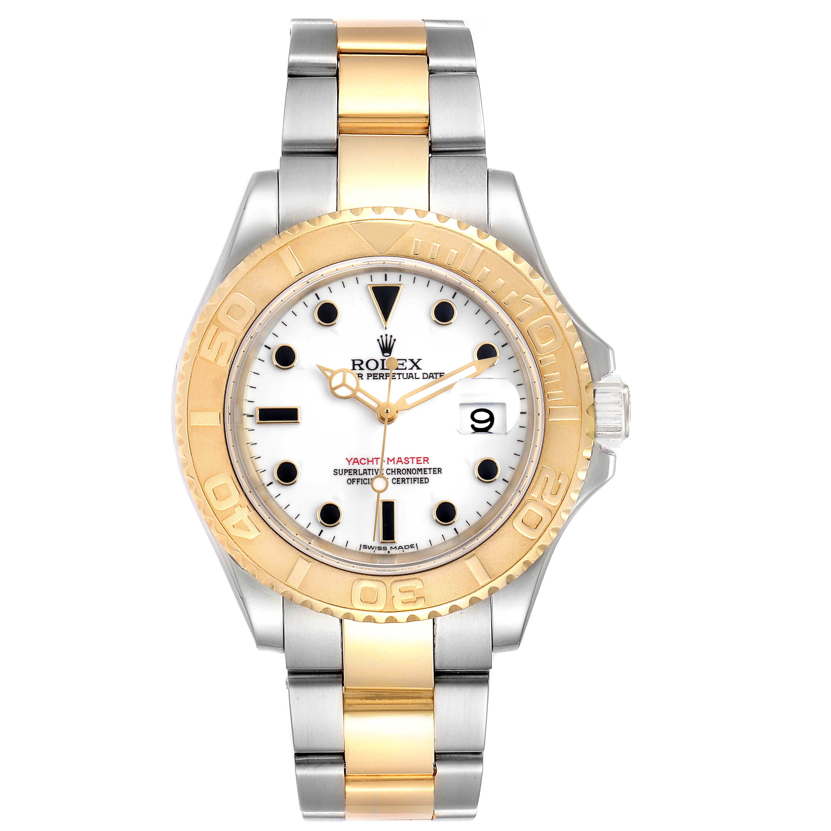 The image shows a frontal view of the Rolex Yacht-Master 16623 Men
s Steel and Gold (two tone) White Dial 16623 Men
s Steel and Gold (two tone) White Dial watch, highlighting its face, bezel, and bracelet.