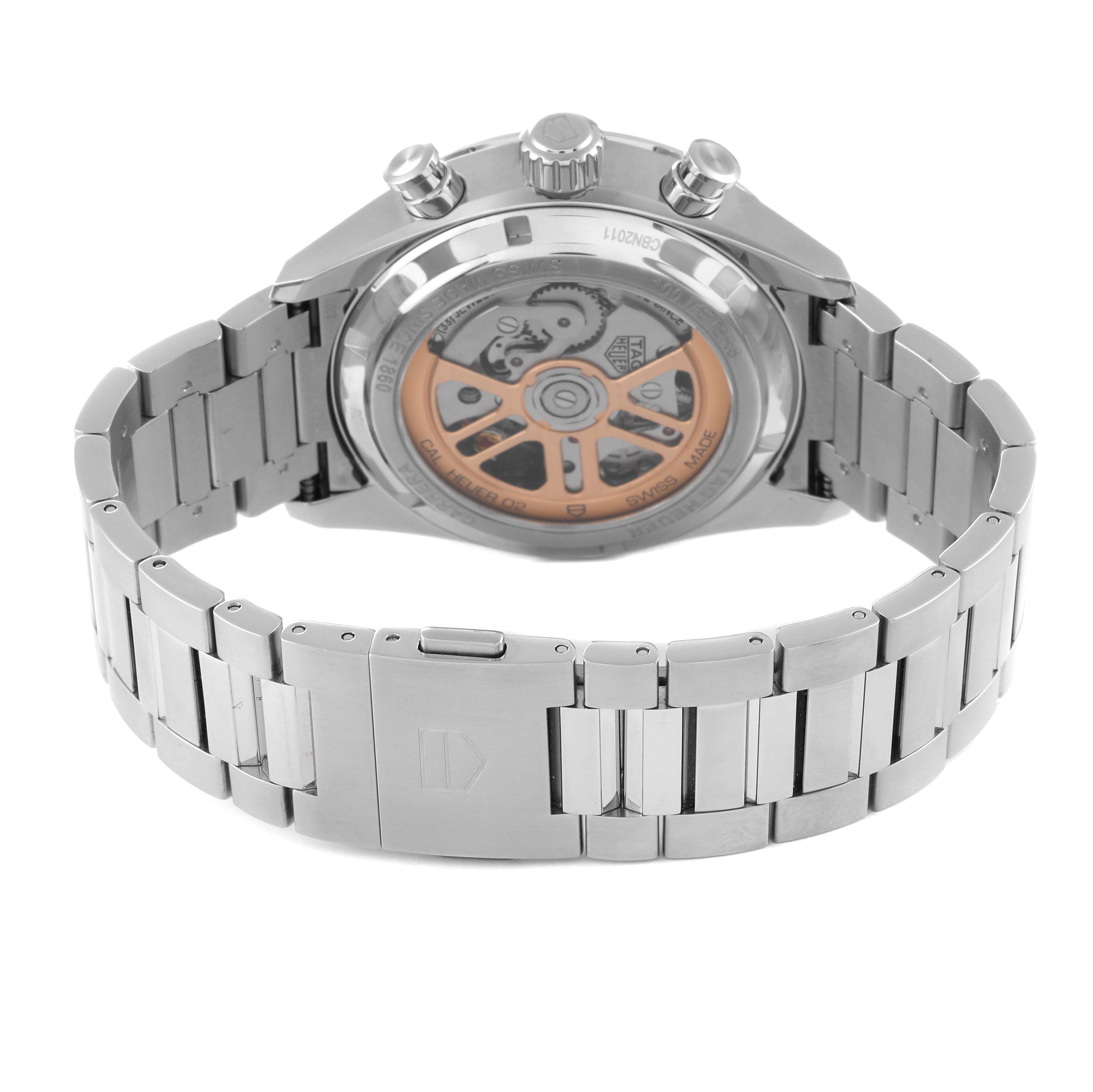 The image shows the back view of a Tag Heuer CBN2011.BA0642 Men's Stainless Steel Blue Dial CBN2011.BA0642 Men's Stainless Steel Blue Dial Carrera Chronograph Blue Dial Steel Men's Watch CBN2011, highlighting its movement and bracelet.