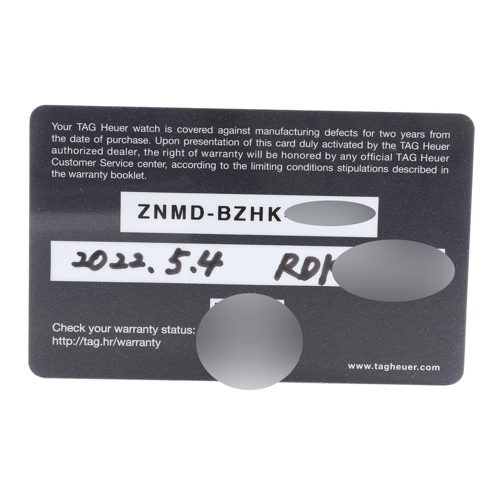 The image shows the warranty card for the Tag Heuer CBN2011.BA0642 Men's Stainless Steel Blue Dial CBN2011.BA0642 Men's Stainless Steel Blue Dial Carrera Chronograph Blue Dial Steel Men's Watch CBN2011.