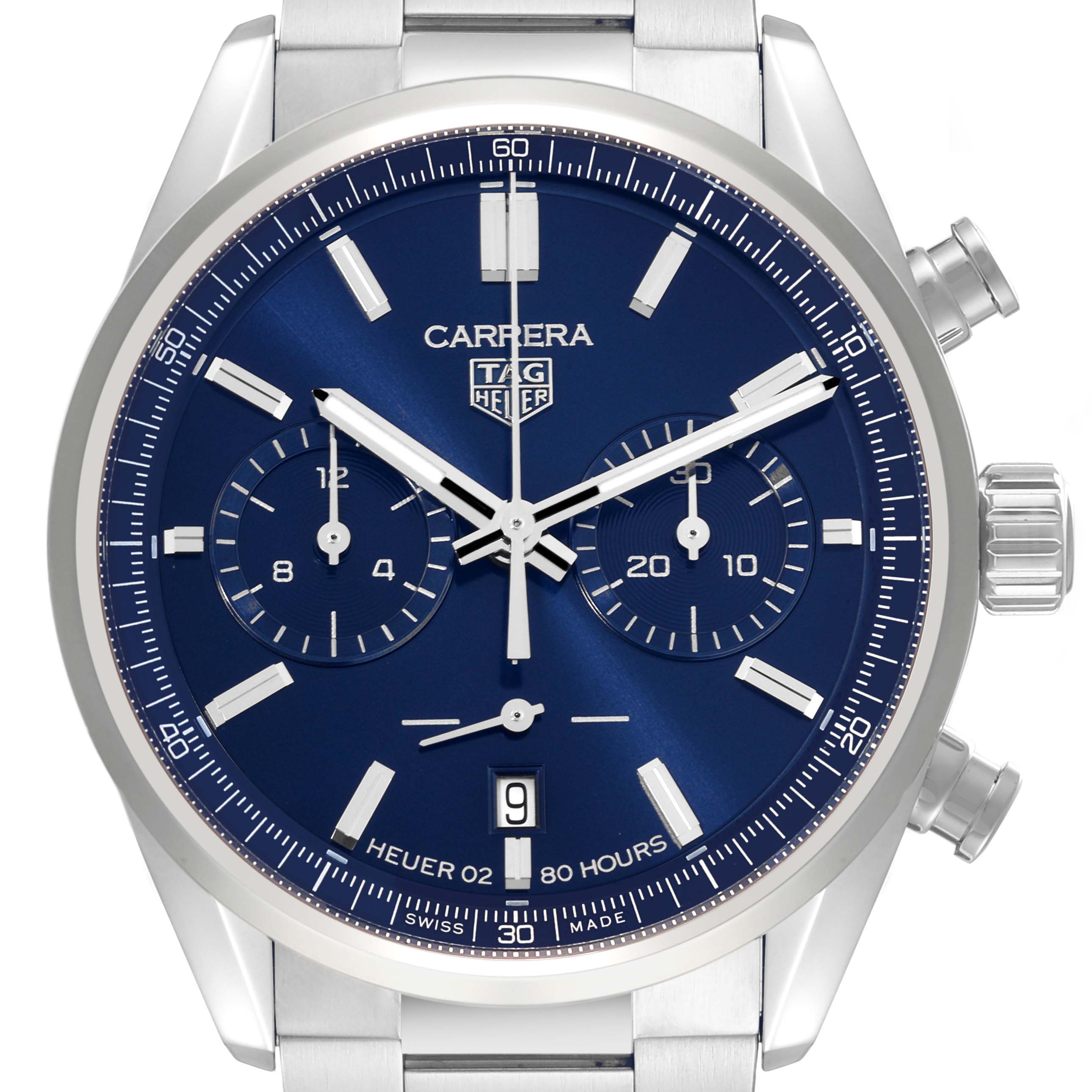 The image shows a front view of the Tag Heuer CBN2011.BA0642 Men's Stainless Steel Blue Dial CBN2011.BA0642 Men's Stainless Steel Blue Dial Carrera Chronograph Blue Dial Steel Men's Watch CBN2011, highlighting its dial and buttons.