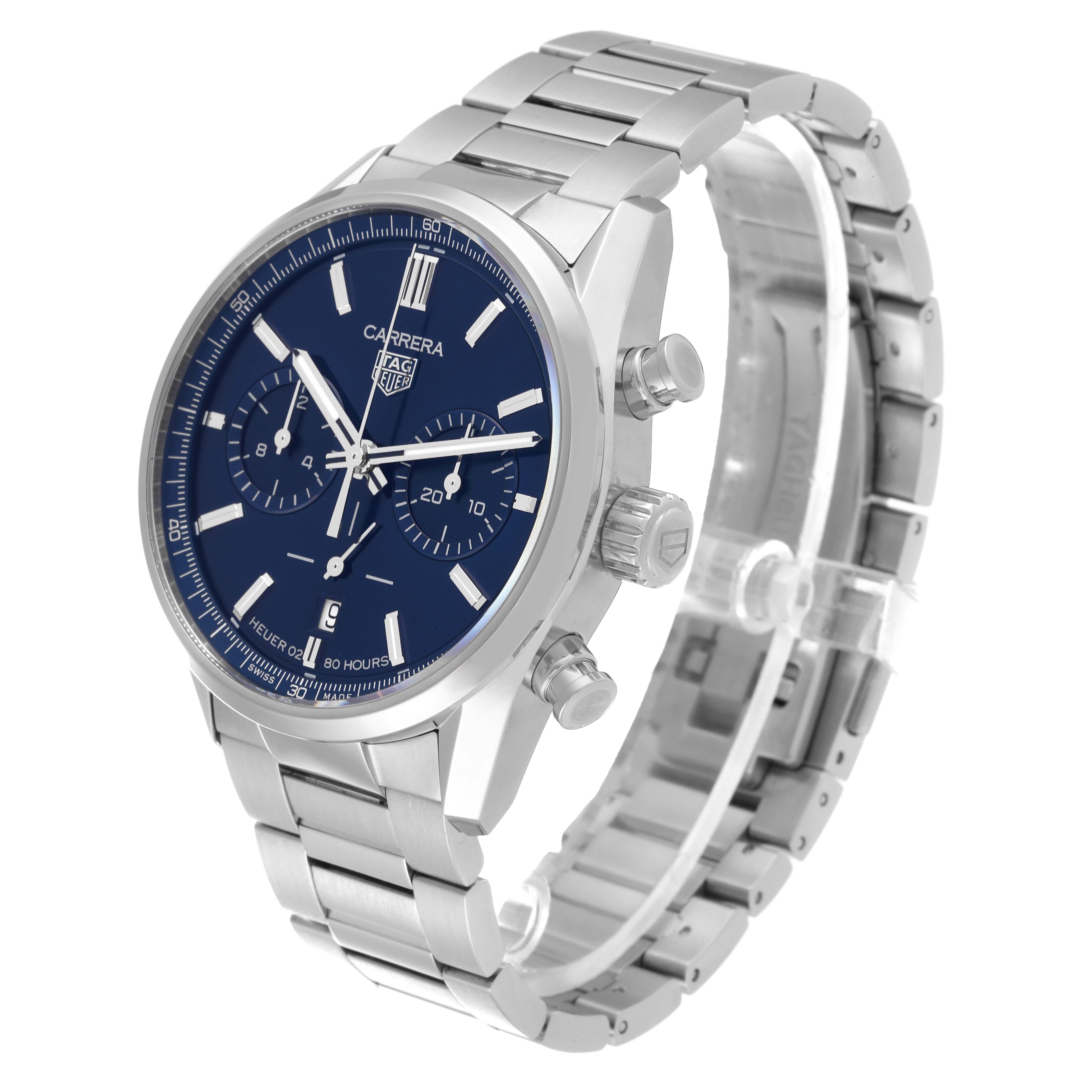 The image displays a Tag Heuer CBN2011.BA0642 Men's Stainless Steel Blue Dial CBN2011.BA0642 Men's Stainless Steel Blue Dial Carrera Chronograph Blue Dial Steel Mens Watch CBN2011 from a front-side angle, showcasing the dial and bracelet.