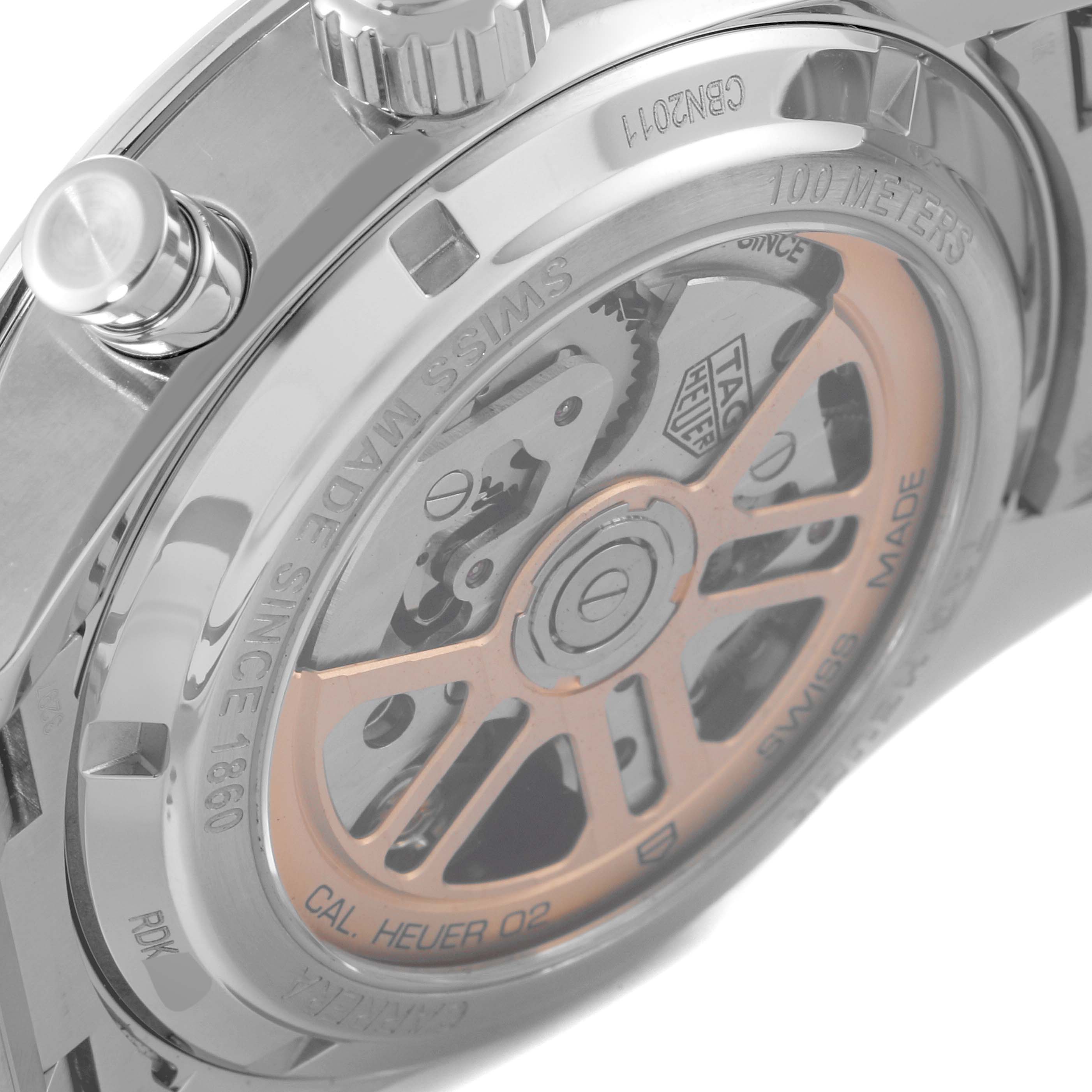 This image shows the back view of the Tag Heuer CBN2011.BA0642 Men's Stainless Steel Blue Dial CBN2011.BA0642 Men's Stainless Steel Blue Dial Carrera Chronograph Blue Dial Steel Mens Watch CBN2011, highlighting its movement and engravings.