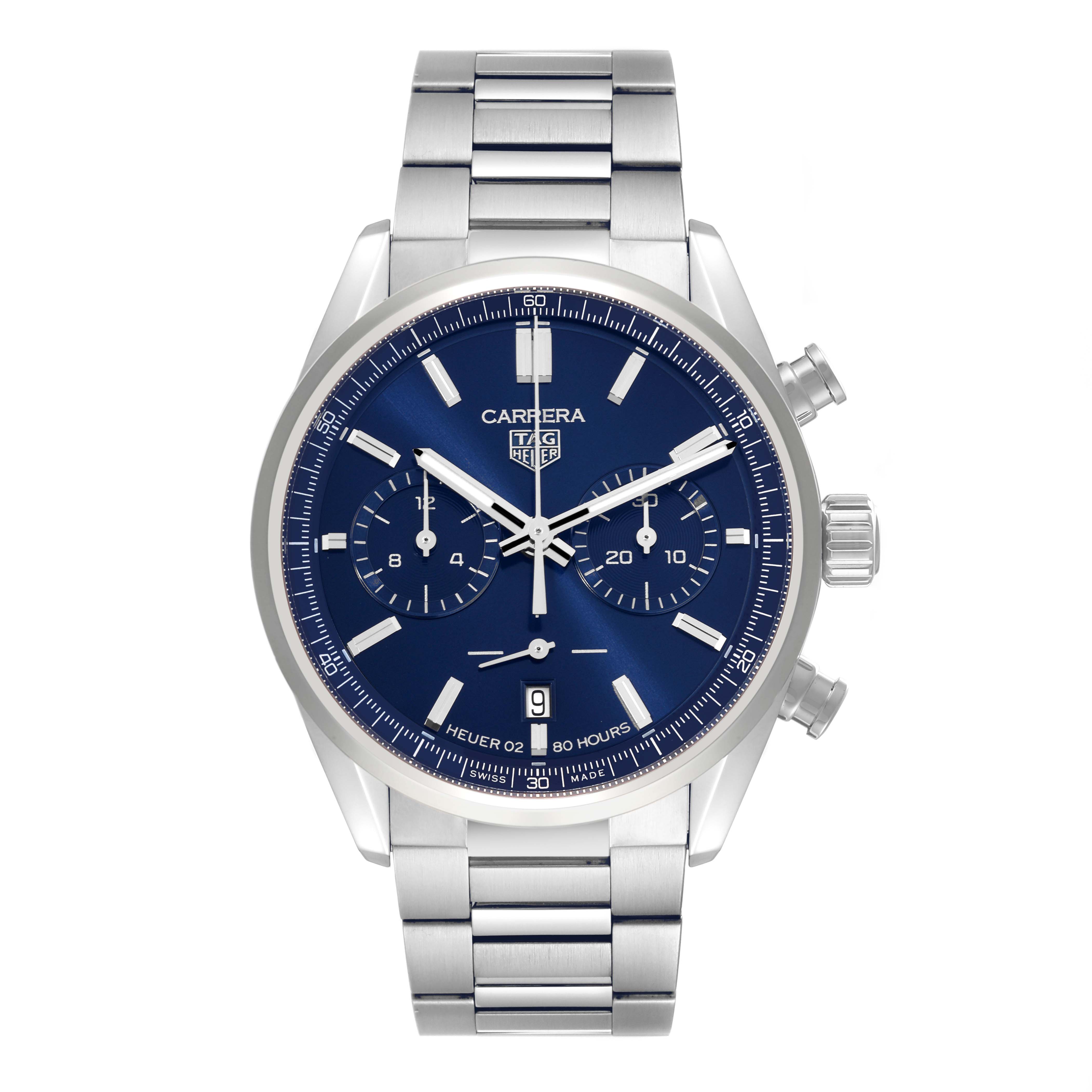 The image shows a front view of the Tag Heuer CBN2011.BA0642 Men's Stainless Steel Blue Dial CBN2011.BA0642 Men's Stainless Steel Blue Dial Carrera Chronograph Blue Dial Steel CBN2011 model with the dial, hands, and bracelet visible.
