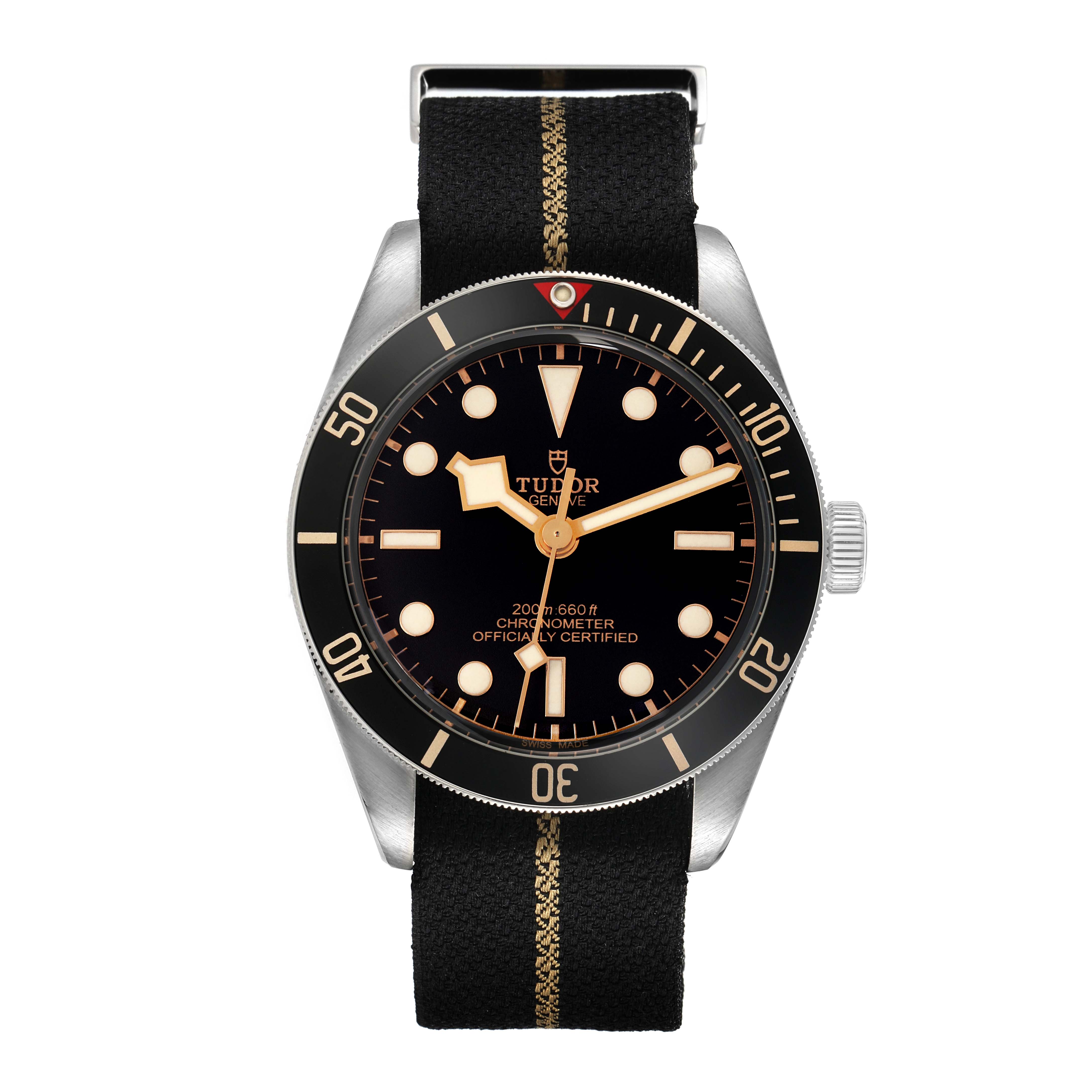 The Tudor Heritage Black Bay 79030N Men
s Stainless Steel Black Dial watch is shown from a front angle, highlighting its dial, bezel, and fabric strap.