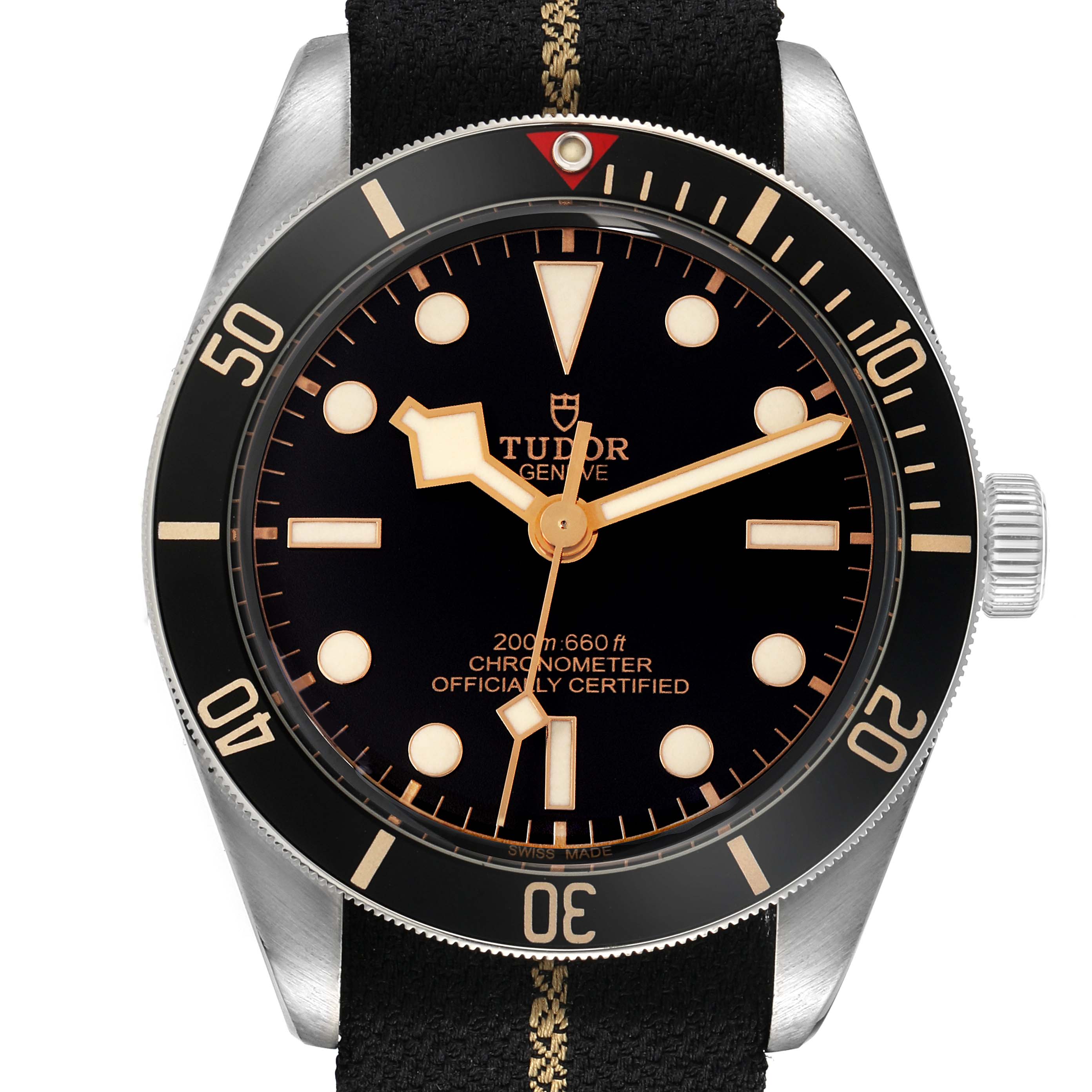 The Tudor Heritage Black Bay 79030N Men
s Stainless Steel Black Dial watch is shown from a front view, displaying the dial, bezel, crown, and strap.