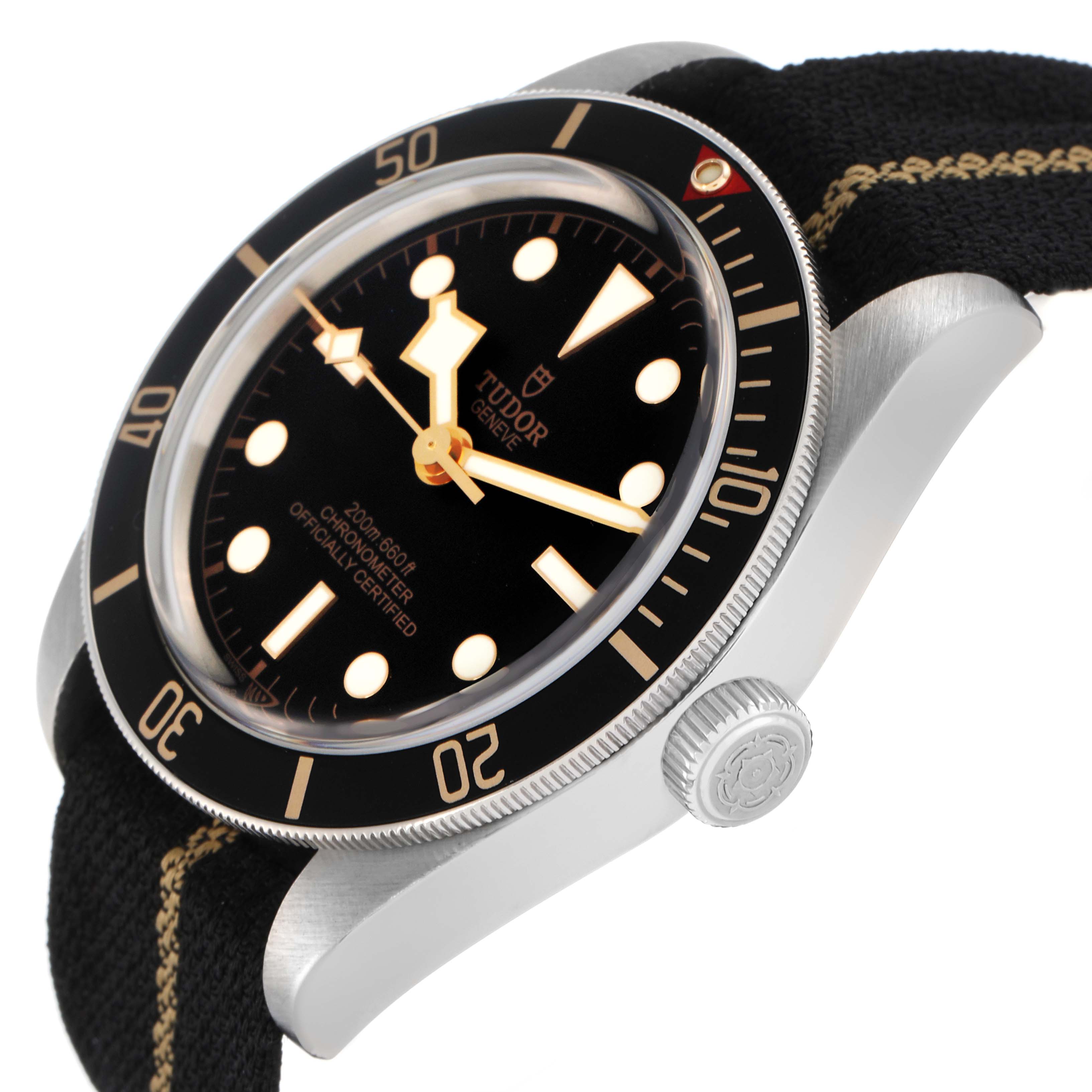 The Tudor Heritage Black Bay 79030N Men
s Stainless Steel Black Dial watch is shown at an angle highlighting the face, bezel, crown, and strap.