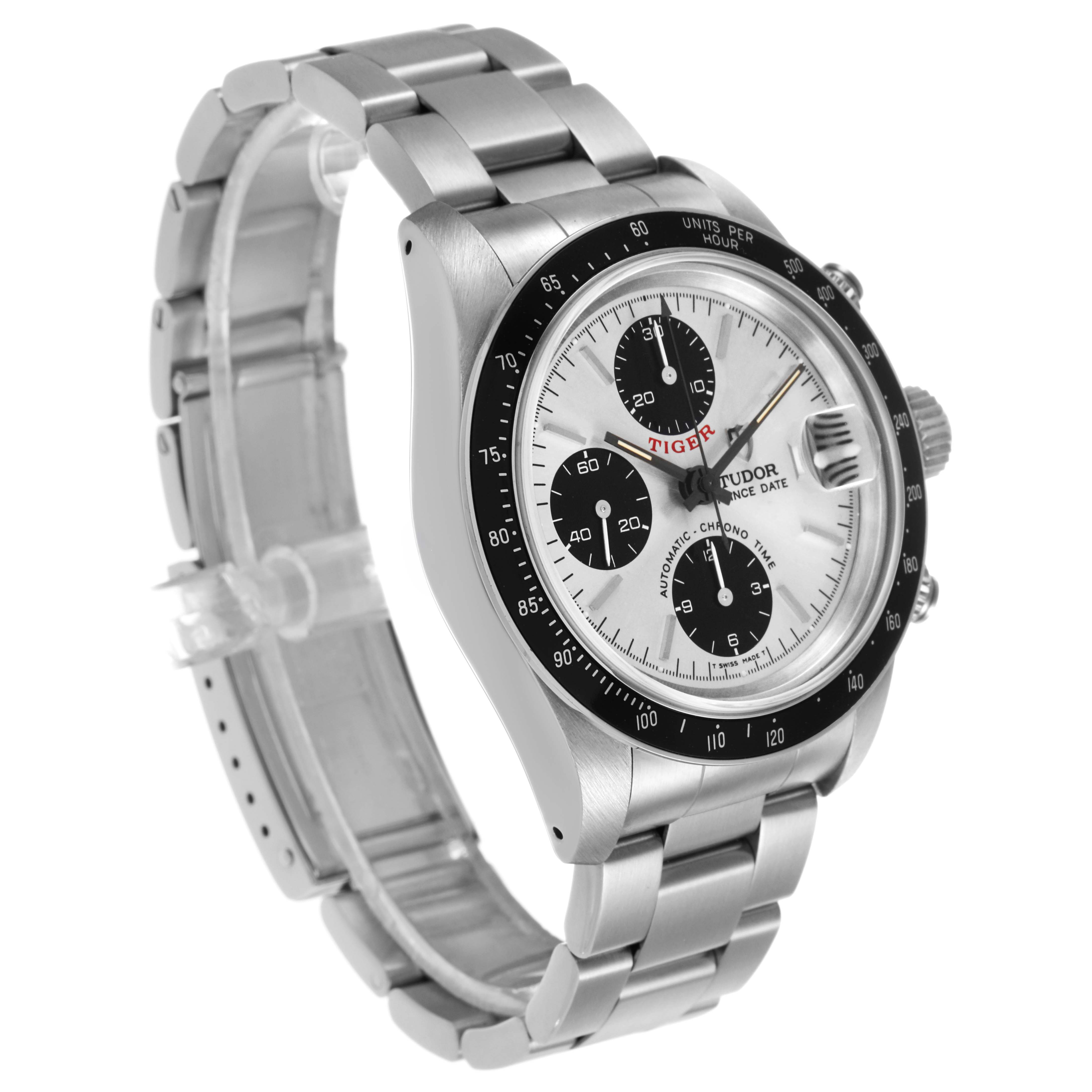 The Tudor Prince 79260 Men's Stainless Steel Silver Dial model watch is shown at a three-quarter angle, displaying the bezel, dial, case, and bracelet.