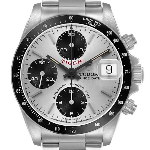 The Tudor Prince 79260 Men's Stainless Steel Silver Dial model watch is shown from a frontal angle, highlighting its dial, subdials, bezel, and crown.