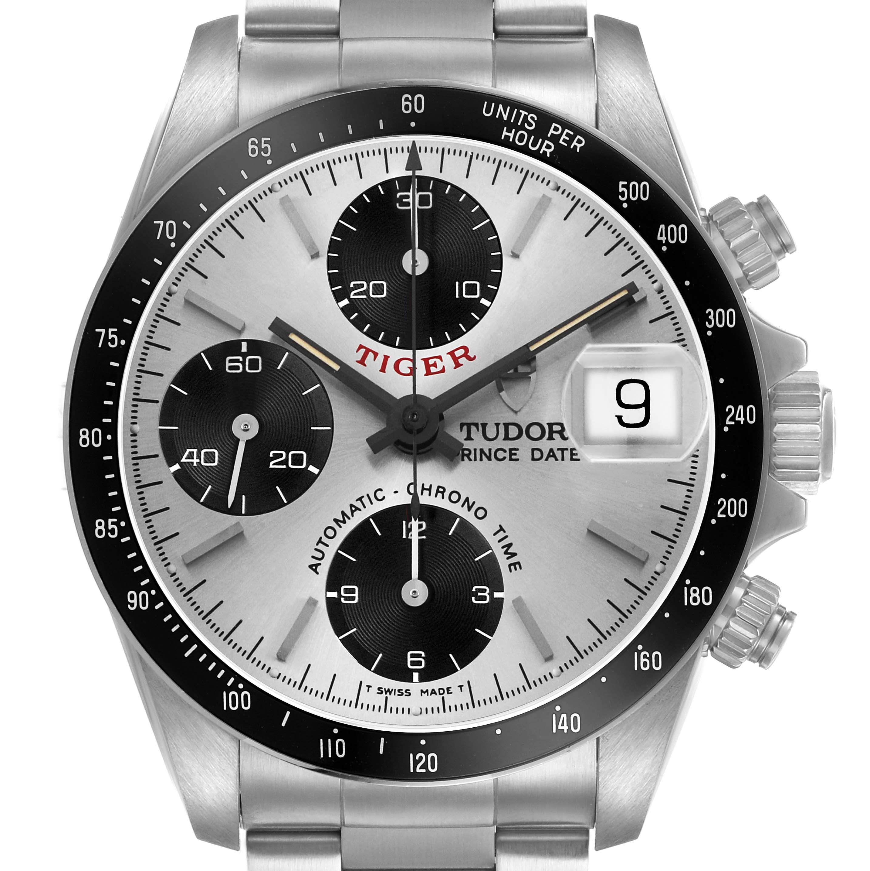 The Tudor Prince 79260 Men's Stainless Steel Silver Dial watch is shown from a straight-on angle, highlighting its dial, subdials, bezel, and crown.