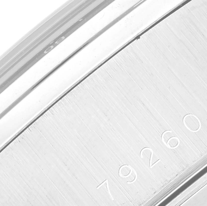 The image shows a close-up of the case side of a Tudor Prince 79260 Men's Stainless Steel Silver Dial watch, focusing on the engraved model number, 79260.