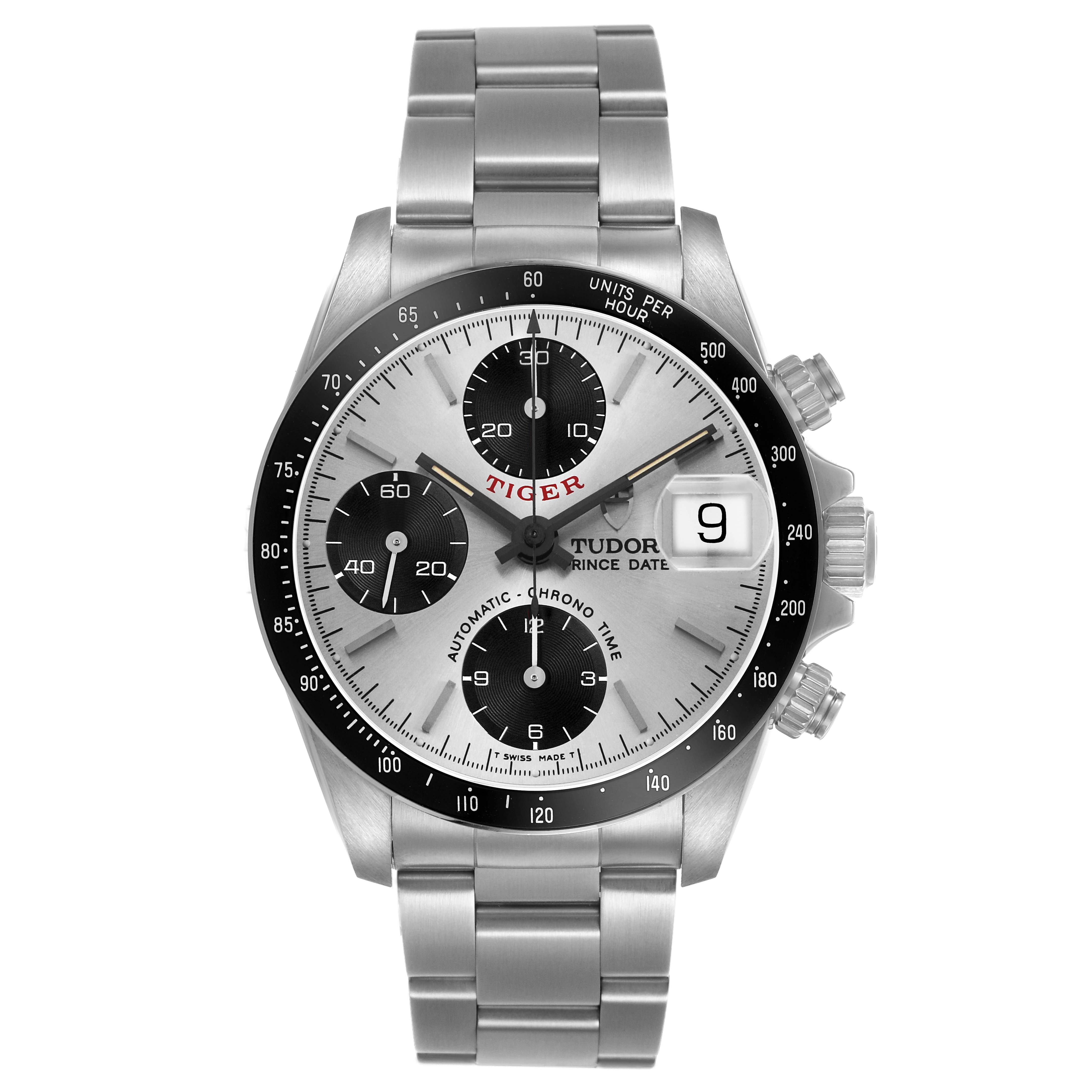 The Tudor Prince 79260 Men's Stainless Steel Silver Dial watch is shown from the front, featuring its dial, bezel, and bracelet clearly.