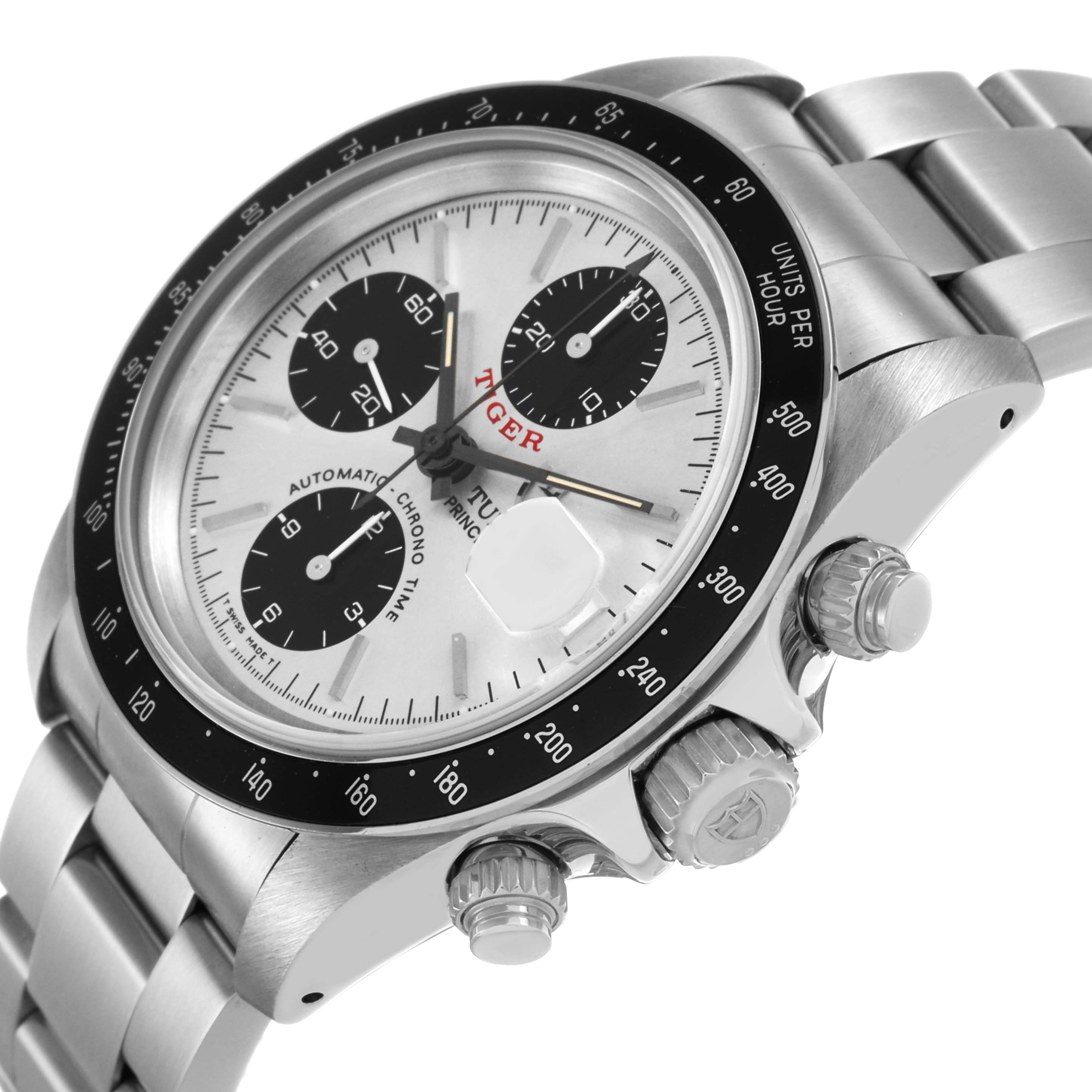 The Tudor Prince 79260 Men's Stainless Steel Silver Dial watch is shown at an angled close-up, displaying its face, bezel, sub-dials, and crown.