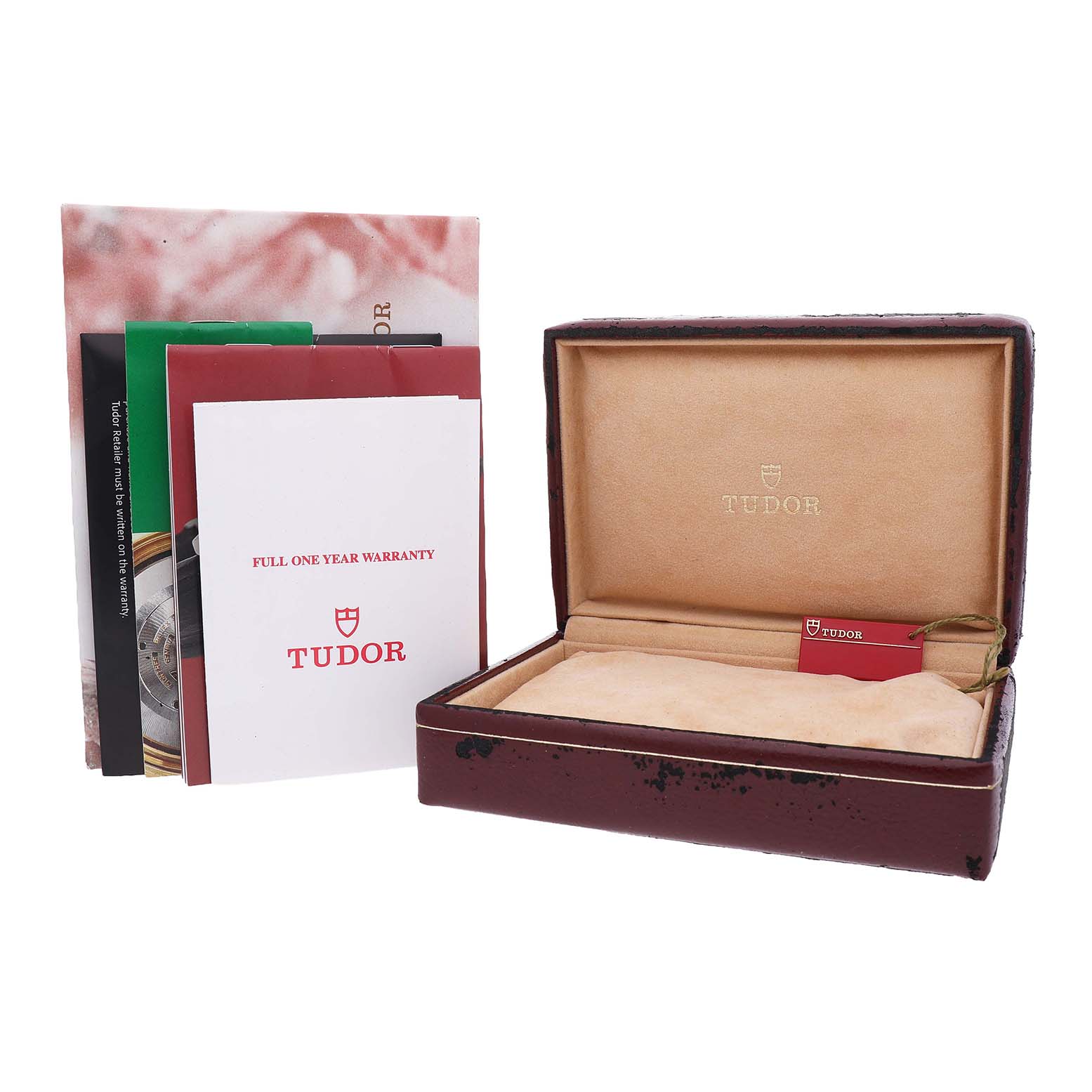 The image shows an open Tudor watch box with warranty cards for the Tudor Prince 79260 Men's Stainless Steel Silver Dial model.