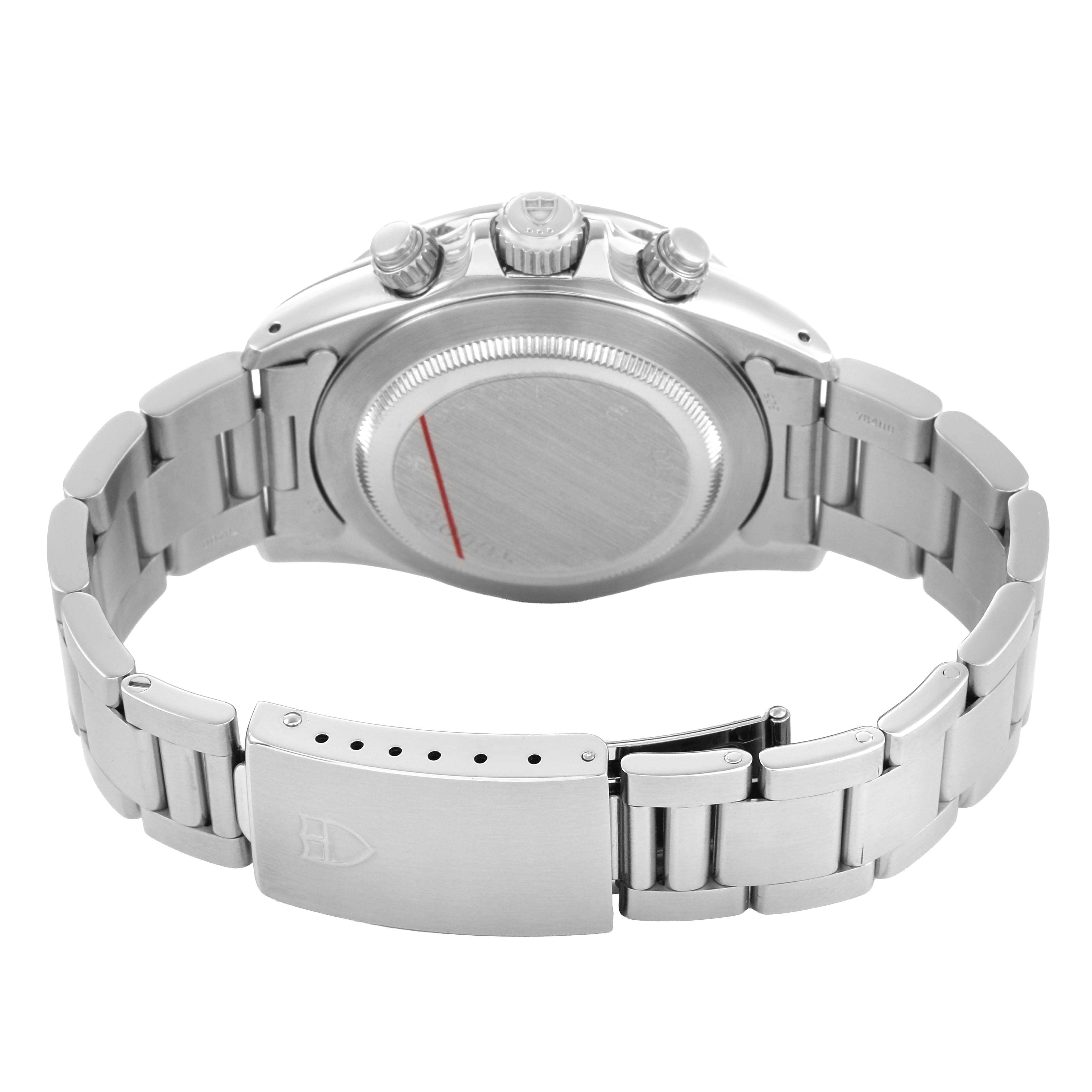 The Tudor Prince 79260 Men's Stainless Steel Silver Dial model watch is shown from the rear, highlighting the case back, clasp, and metal bracelet.