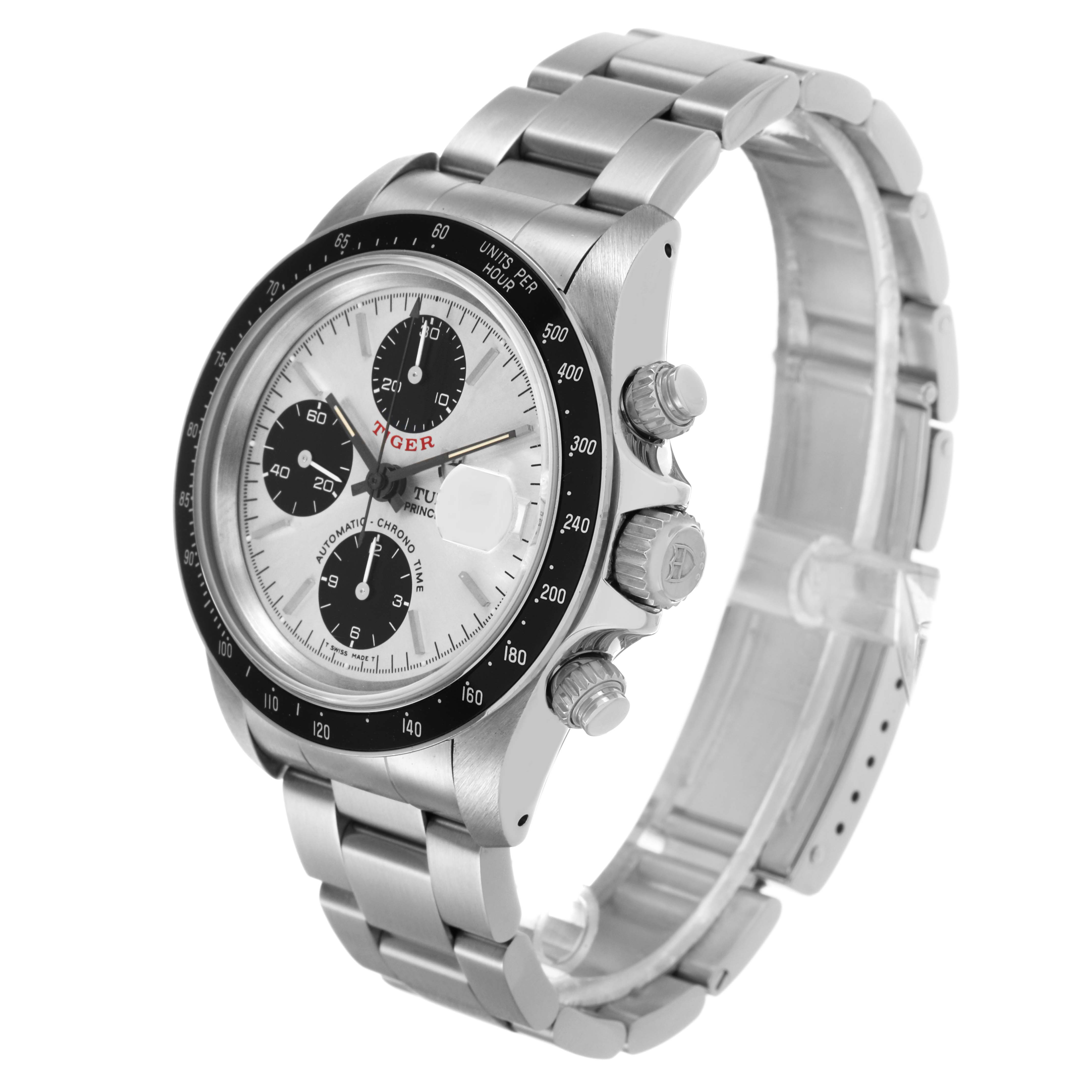 The Tudor Prince 79260 Men's Stainless Steel Silver Dial model watch is shown at an angle displaying its face, bezel, crown, pushers, and bracelet.