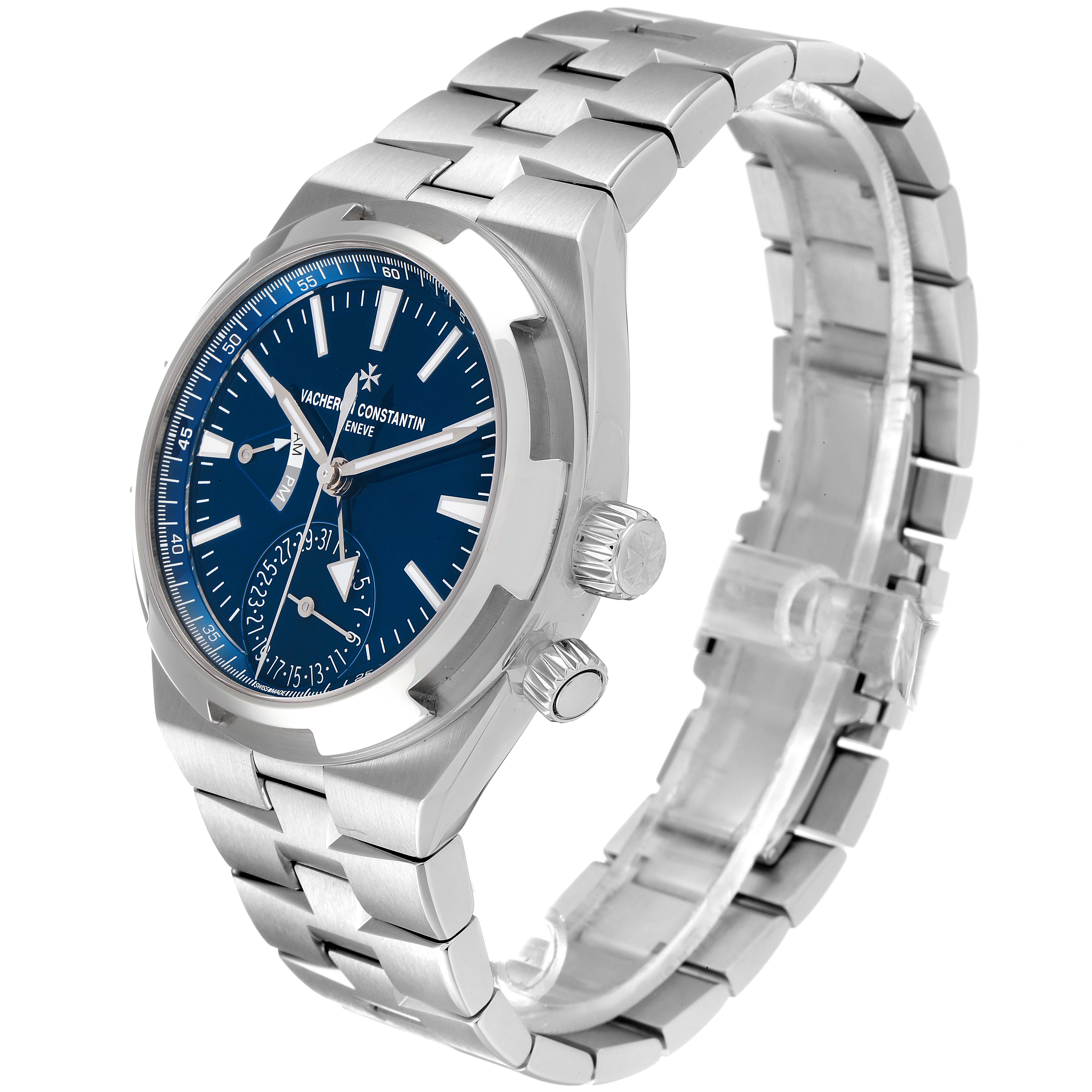 The Vacheron Constantin Overseas 7900V/110A-B334 Men's Stainless Steel Blue Dial 7900V/110A-B334 Men's Stainless Steel Blue Dial watch is shown at a three-quarter angle, highlighting its stainless steel bracelet and blue dial.