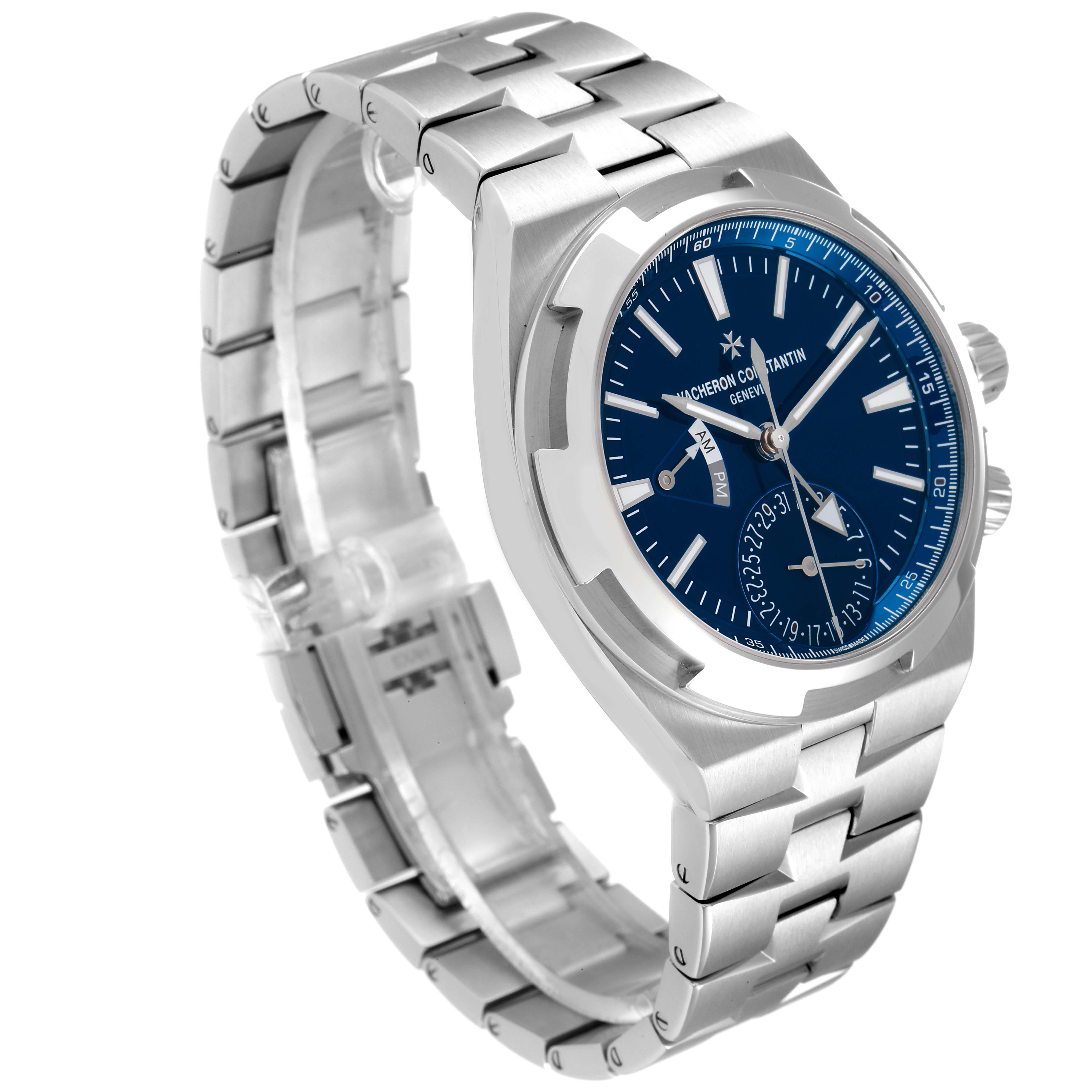 The Vacheron Constantin Overseas 7900V/110A-B334 Men's Stainless Steel Blue Dial 7900V/110A-B334 Men's Stainless Steel Blue Dial model watch is shown from an angled view displaying the dial, bracelet, and crown.
