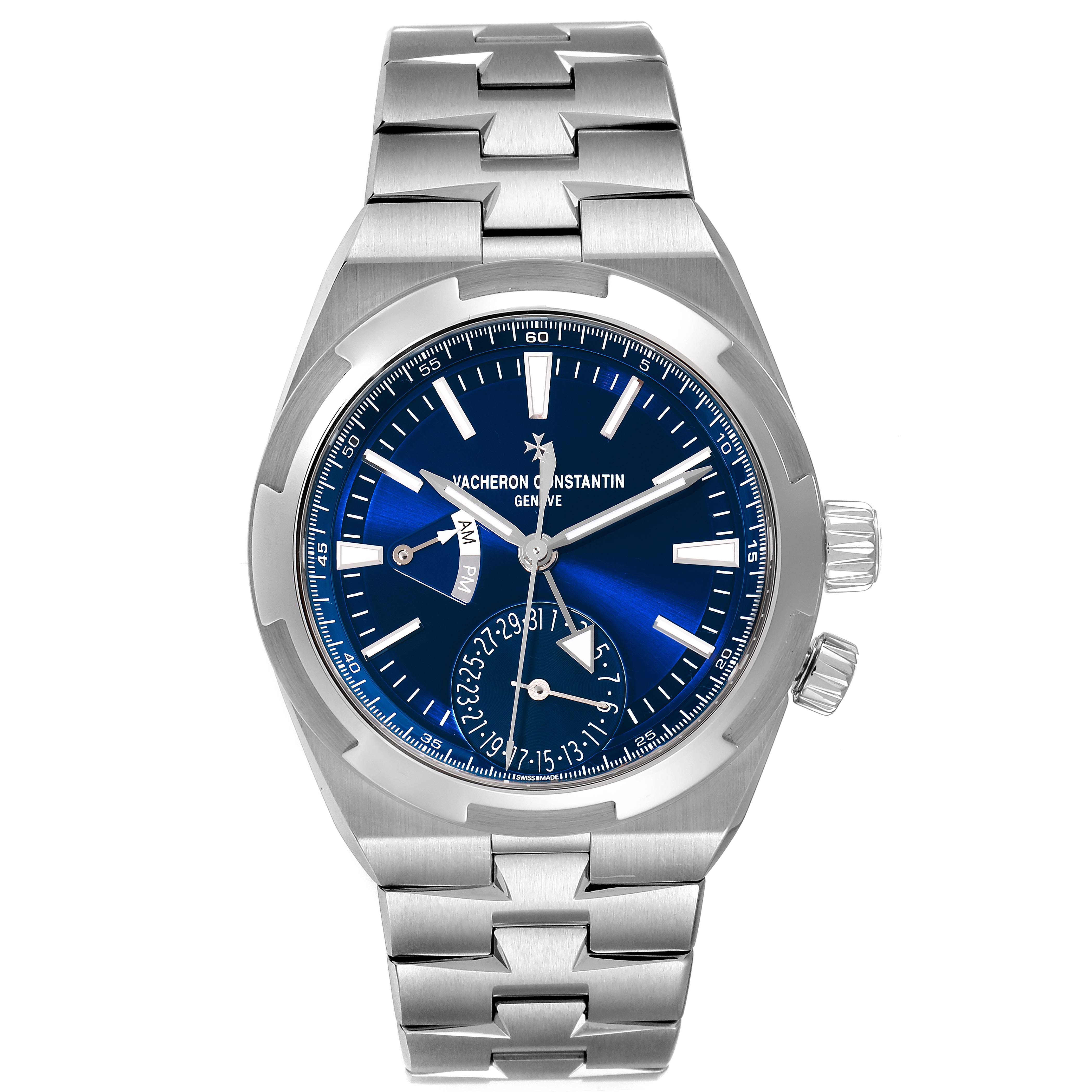 This is a Vacheron Constantin Overseas 7900V/110A-B334 Men's Stainless Steel Blue Dial 7900V/110A-B334 Men's Stainless Steel Blue Dial model watch, shown from the front, displaying the face, dial, hands, and stainless steel bracelet.