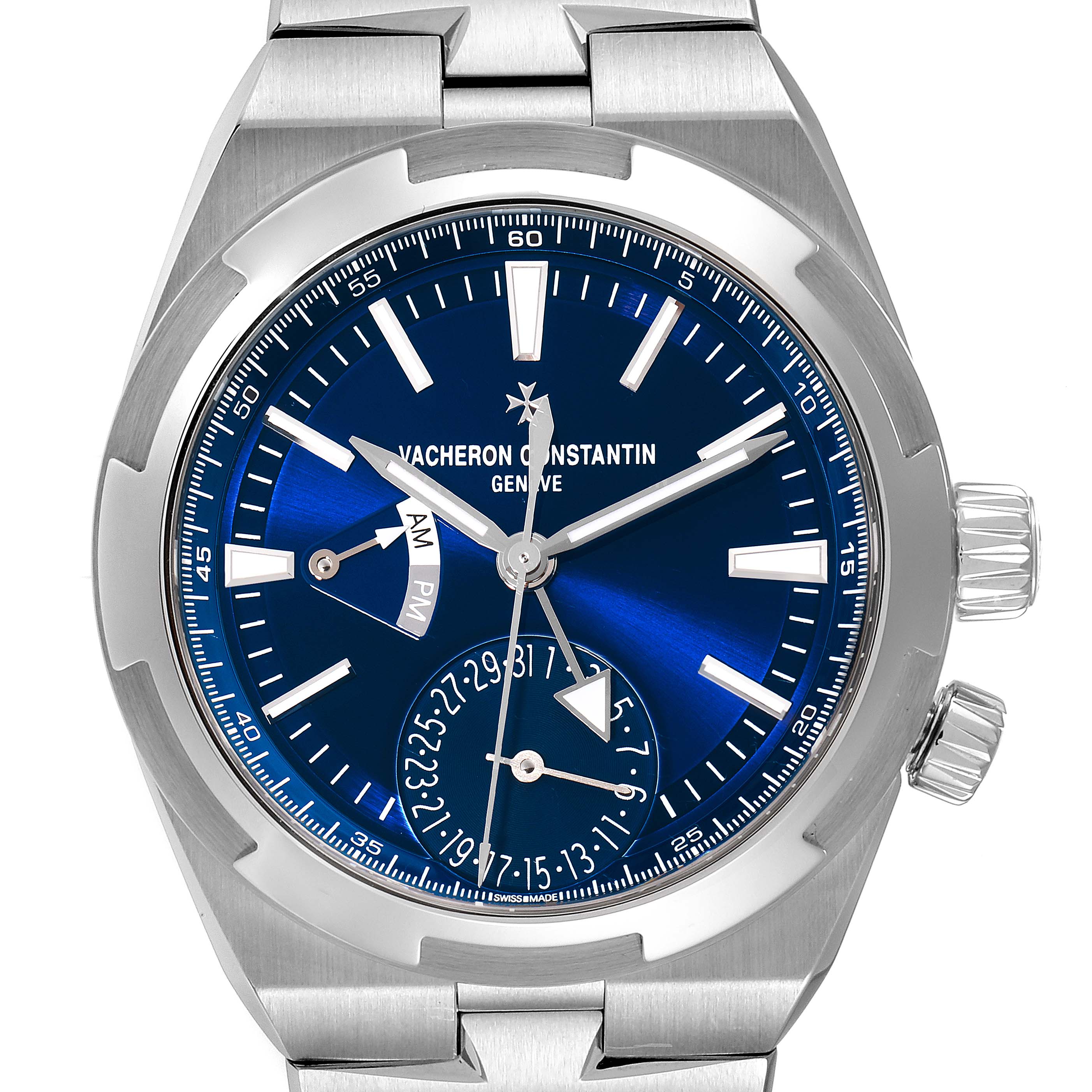 This is a front view of the Vacheron Constantin Overseas 7900V/110A-B334 Men's Stainless Steel Blue Dial 7900V/110A-B334 Men's Stainless Steel Blue Dial model watch showing its blue dial and stainless steel bracelet.