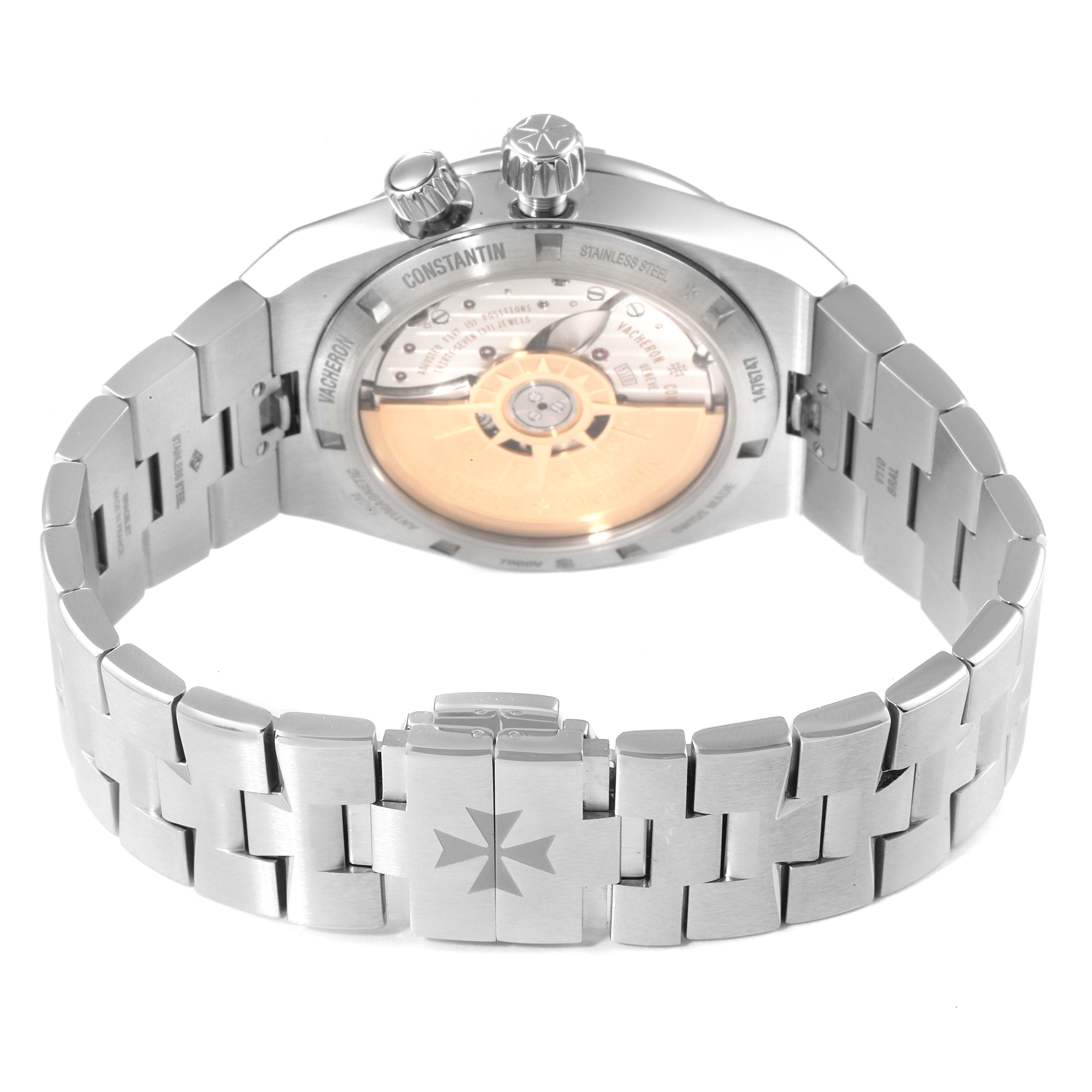 The image shows the back view of a Vacheron Constantin Overseas 7900V/110A-B334 Men's Stainless Steel Blue Dial 7900V/110A-B334 Men's Stainless Steel Blue Dial watch, featuring its stainless steel bracelet and visible movement.