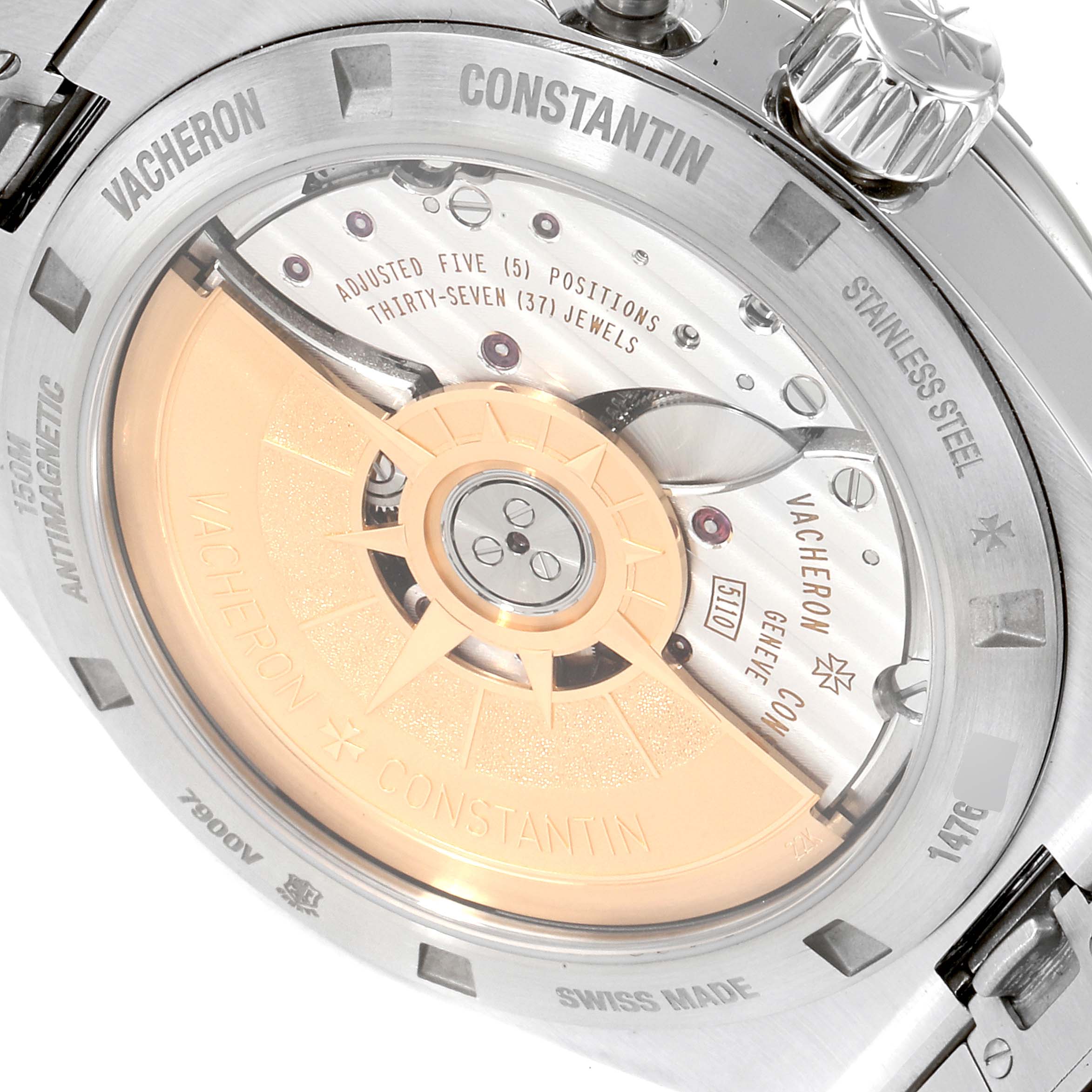 The image shows the back view of a Vacheron Constantin Overseas 7900V/110A-B334 Men's Stainless Steel Blue Dial 7900V/110A-B334 Men's Stainless Steel Blue Dial model, displaying its automatic movement and rotor.