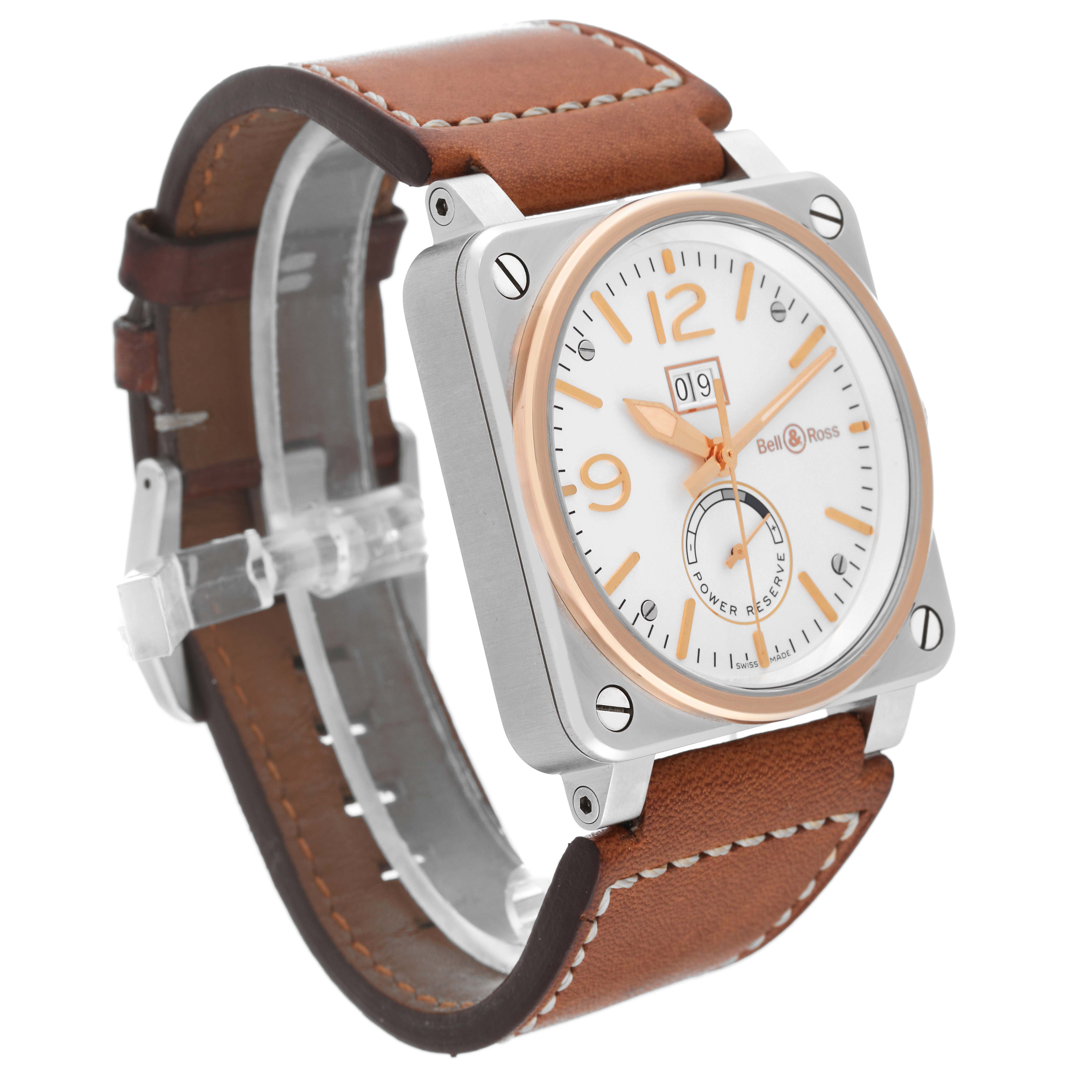The Bell 
Ross Instruments BR03-90 Men
s Steel and Gold (two tone) Silver Dial BR03-90 Men
s Steel and Gold (two tone) Silver Dial model watch is shown at an angled side view, displaying its face, case, and leather strap.