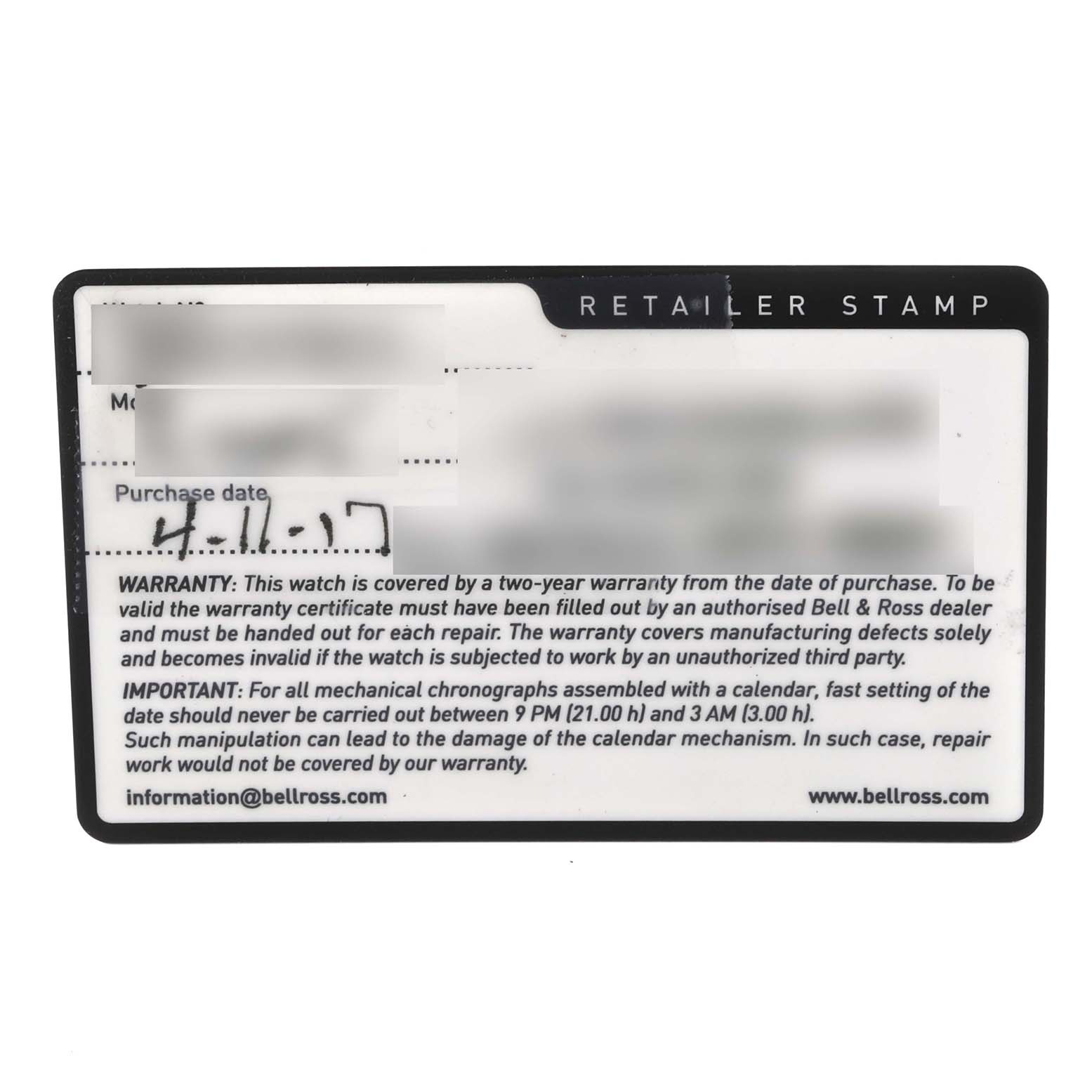The image shows the warranty card for the Instruments model by Bell 
Ross, displayed from a top-down angle.