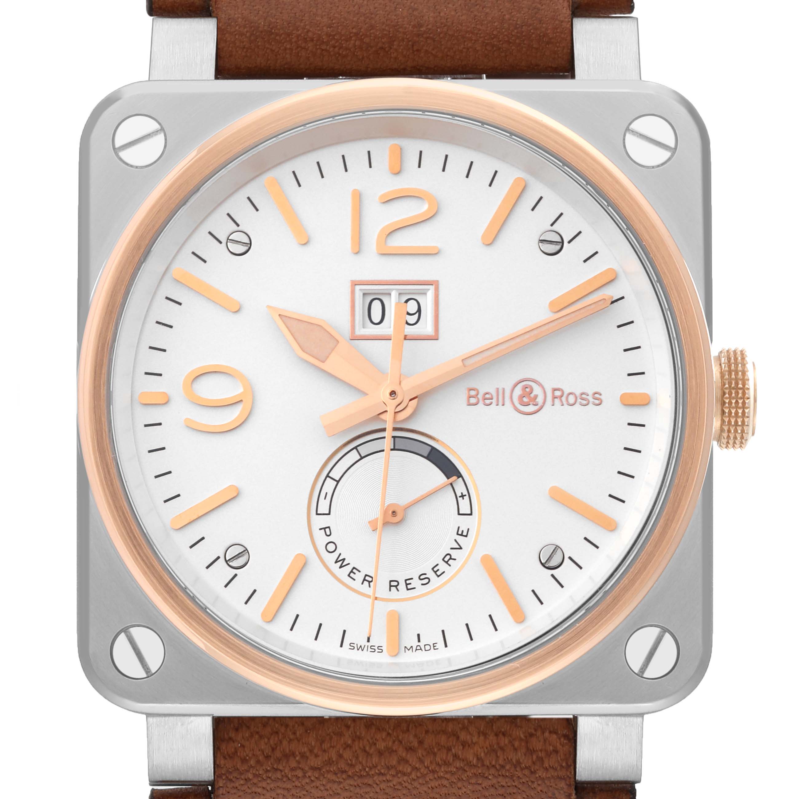 The Bell 
Ross Instruments BR03-90 Men
s Steel and Gold (two tone) Silver Dial BR03-90 Men
s Steel and Gold (two tone) Silver Dial model watch is shown from the front, displaying its dial, hands, numerals, and power reserve indicator.
