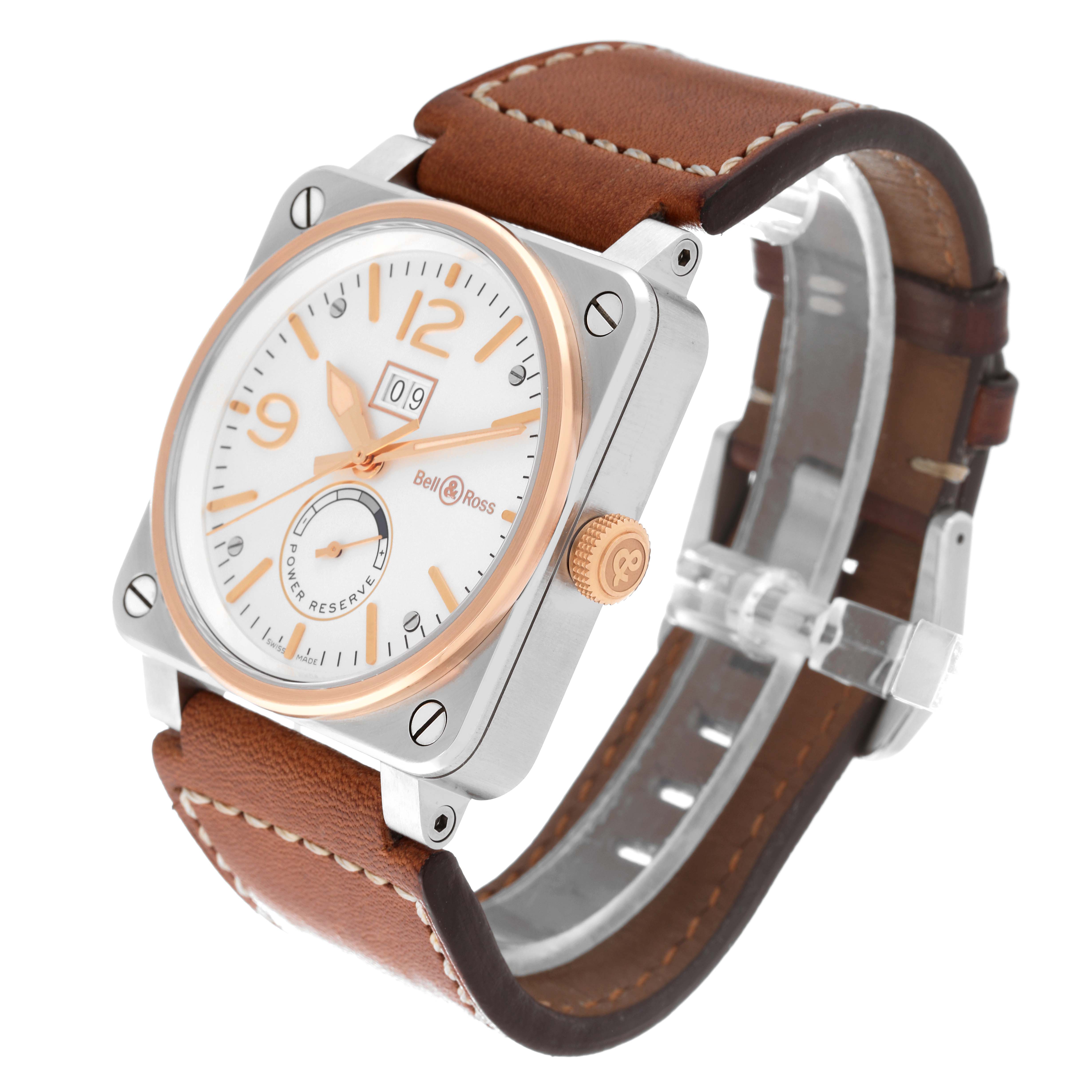 The image shows a close-up, three-quarter angle of the Bell 
Ross Instruments BR03-90 Men
s Steel and Gold (two tone) Silver Dial BR03-90 Men
s Steel and Gold (two tone) Silver Dial model watch, highlighting its face, crown, and leather strap.