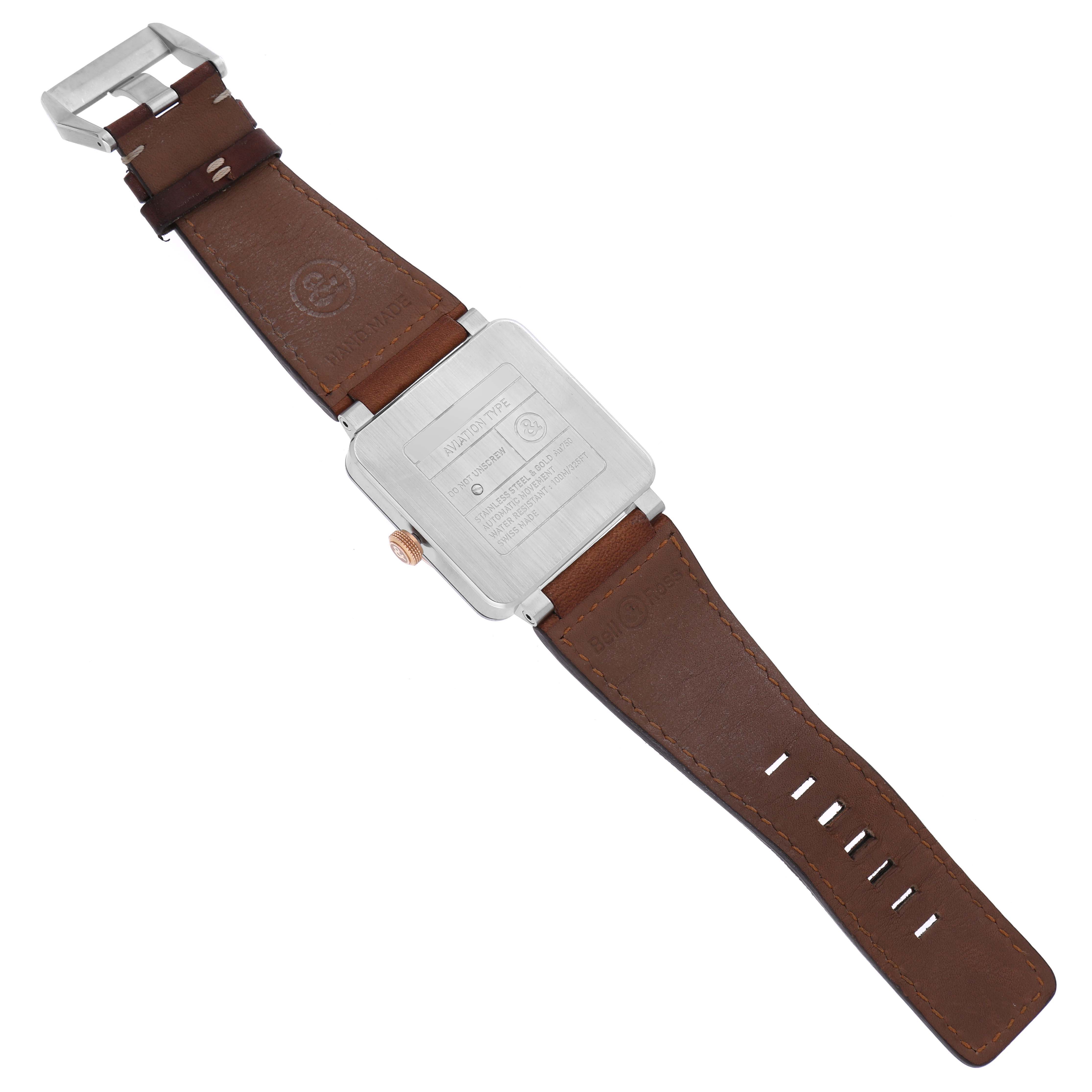 The image shows the back view of the Bell 
Ross Instruments BR03-90 Men
s Steel and Gold (two tone) Silver Dial BR03-90 Men
s Steel and Gold (two tone) Silver Dial model watch with its brown leather strap and clasp.