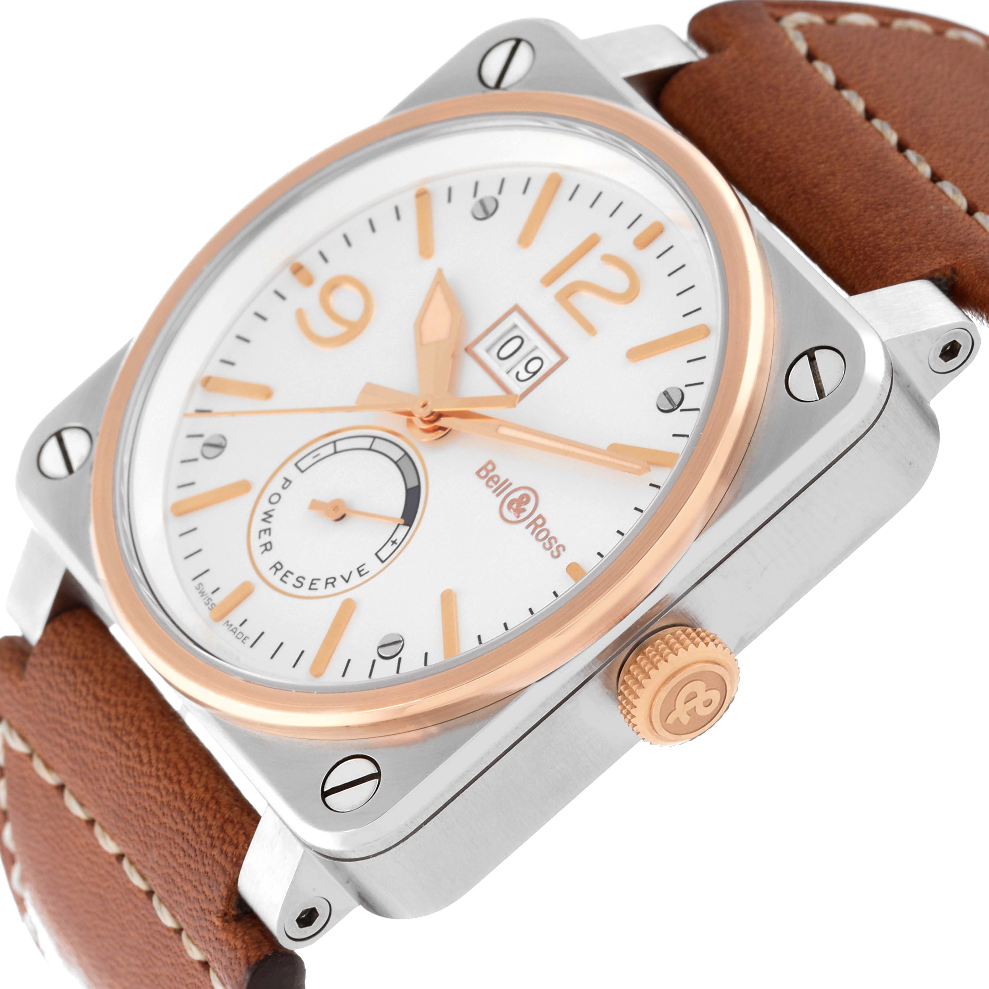 The image shows an angled view of the Bell 
Ross Instruments BR03-90 Men
s Steel and Gold (two tone) Silver Dial BR03-90 Men
s Steel and Gold (two tone) Silver Dial watch, highlighting the dial, bezel, crown, and leather strap.