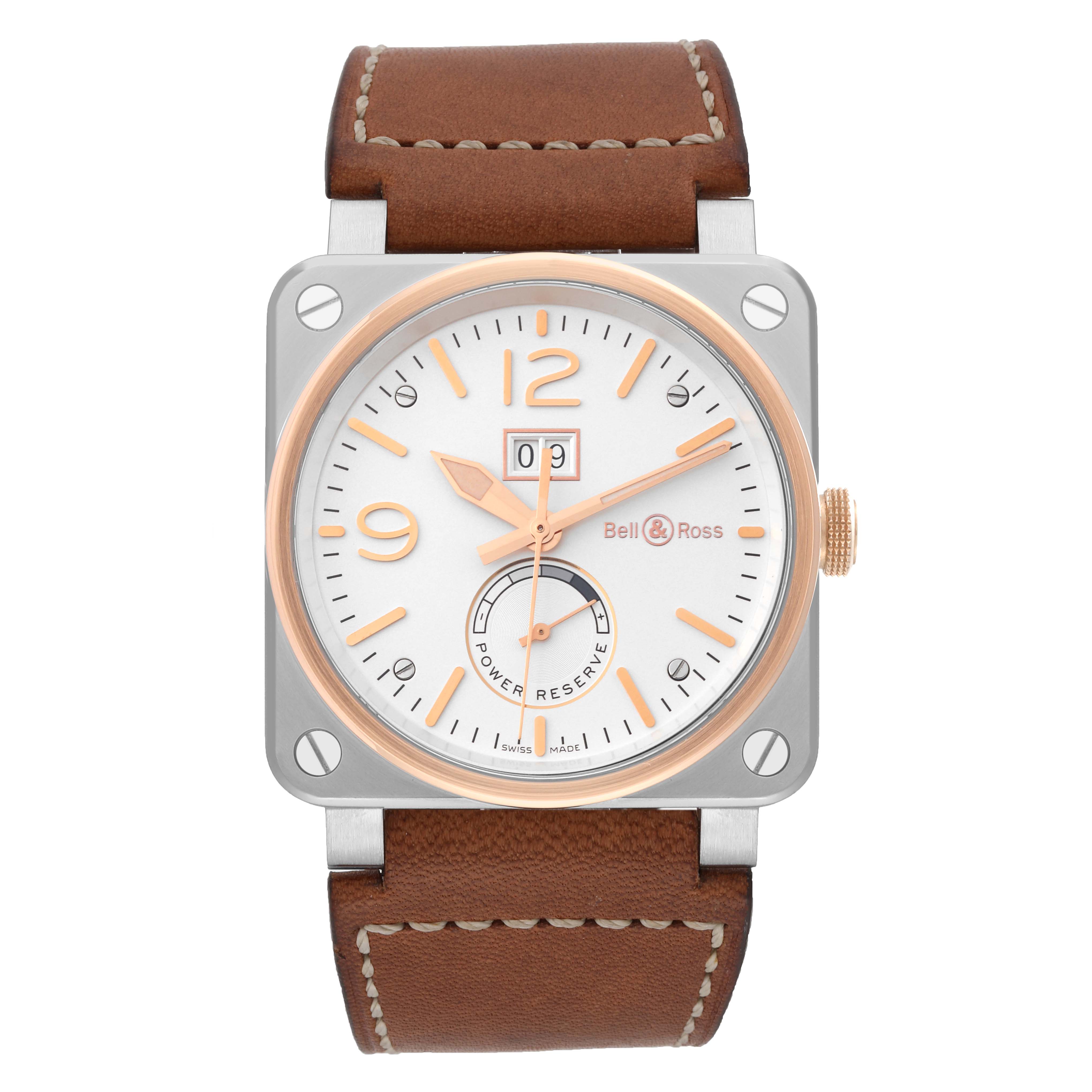 The image shows a front view of a Bell 
Ross Instruments BR03-90 Men
s Steel and Gold (two tone) Silver Dial BR03-90 Men
s Steel and Gold (two tone) Silver Dial model watch, featuring a brown leather strap and a square case with a round dial.