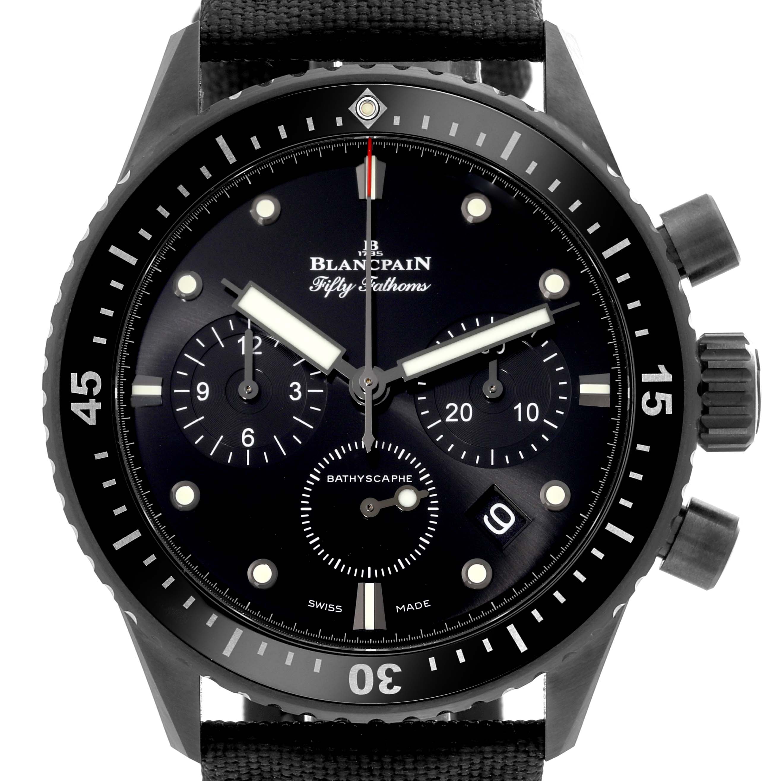 The image shows a front view of the Blancpain Fifty Fathoms 5200-0130-B52A Men's Ceramic Black Dial 5200-0130-B52A Men's Ceramic Black Dial watch, highlighting the dial, bezel, and chronograph features.