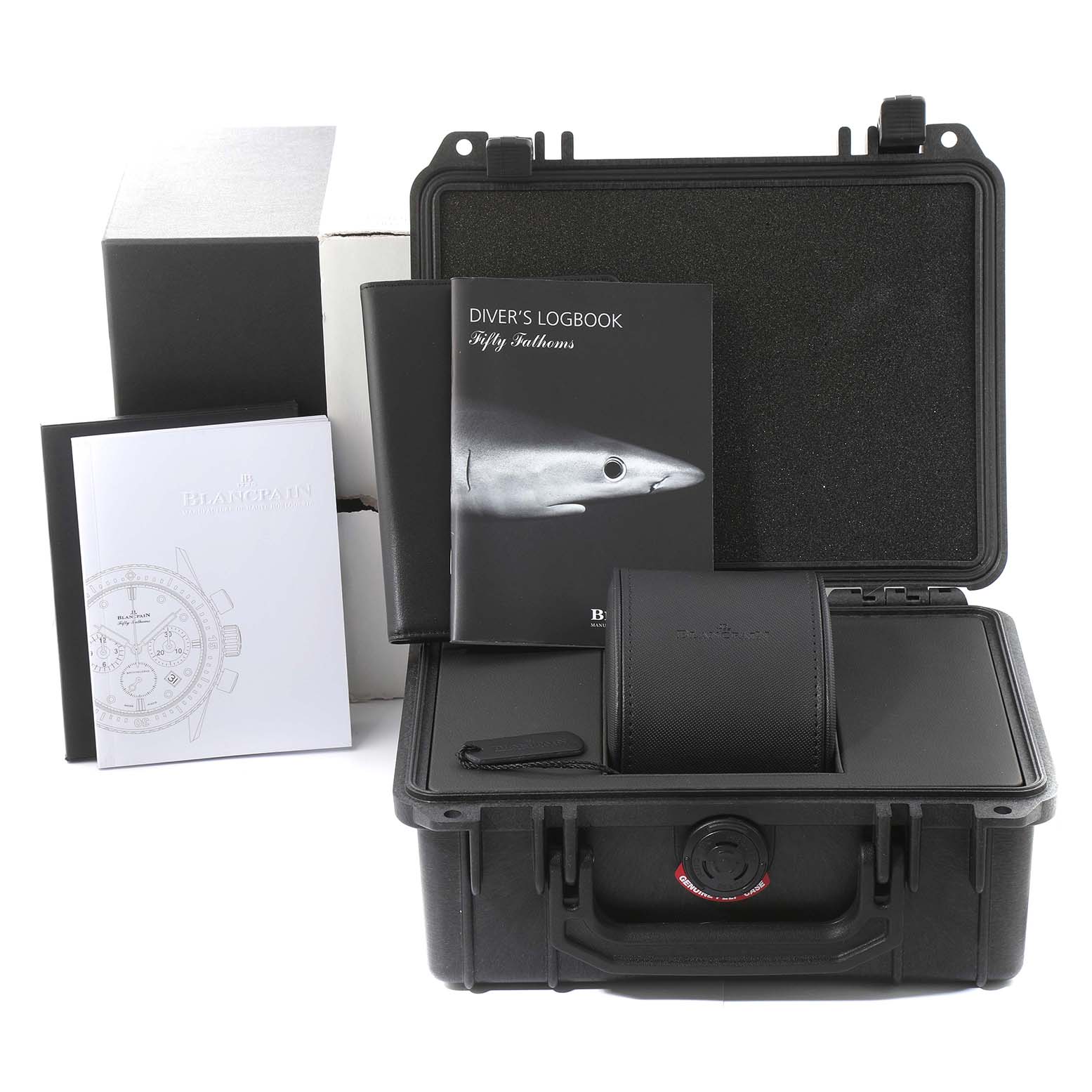 The image shows a front view of a Blancpain Fifty Fathoms 5200-0130-B52A Men's Ceramic Black Dial 5200-0130-B52A Men's Ceramic Black Dial watch protective case, diver's logbook, and other accessories.
