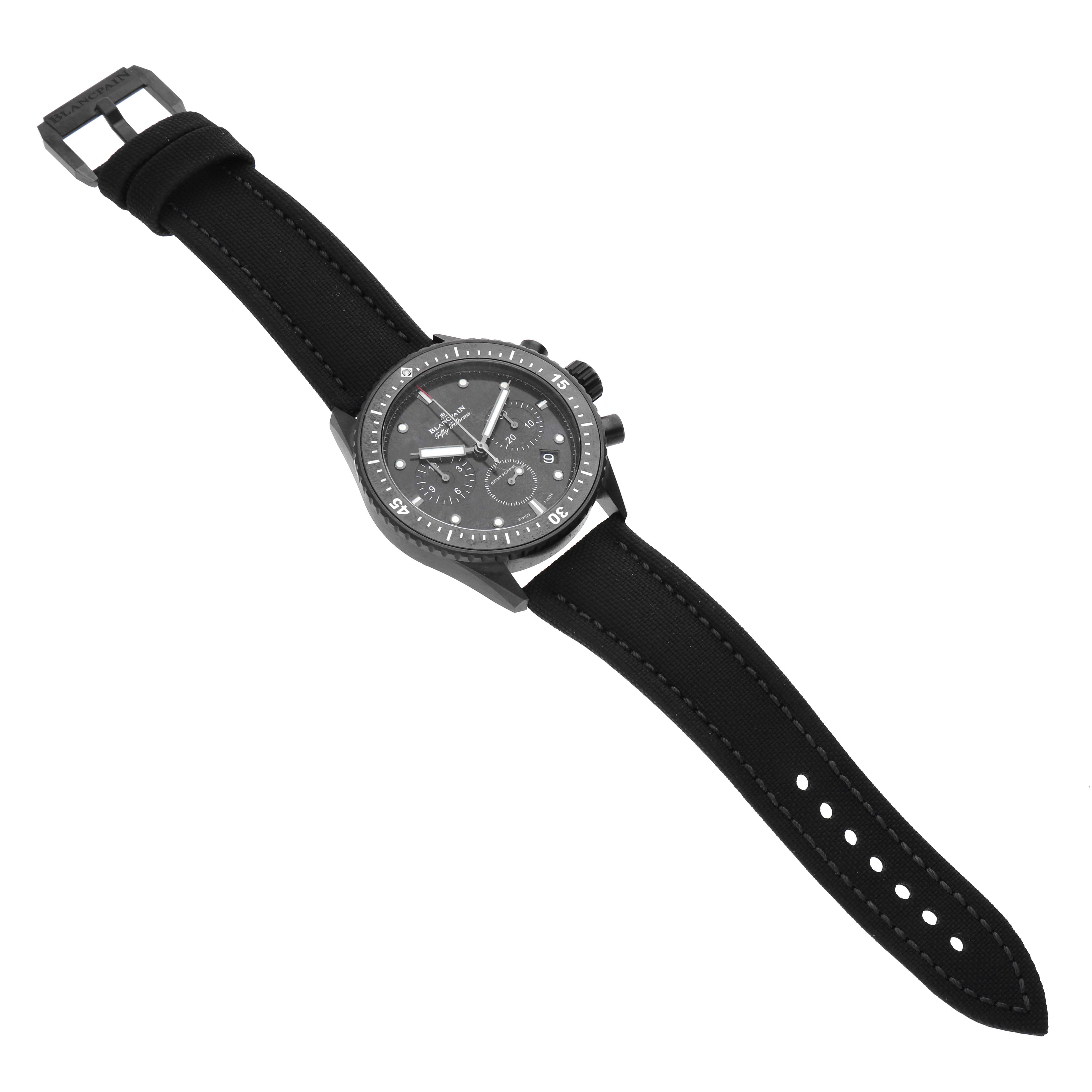 The image shows a Blancpain Fifty Fathoms 5200-0130-B52A Men's Ceramic Black Dial 5200-0130-B52A Men's Ceramic Black Dial watch at a slight angle, displaying the face, bezel, and entire strap.