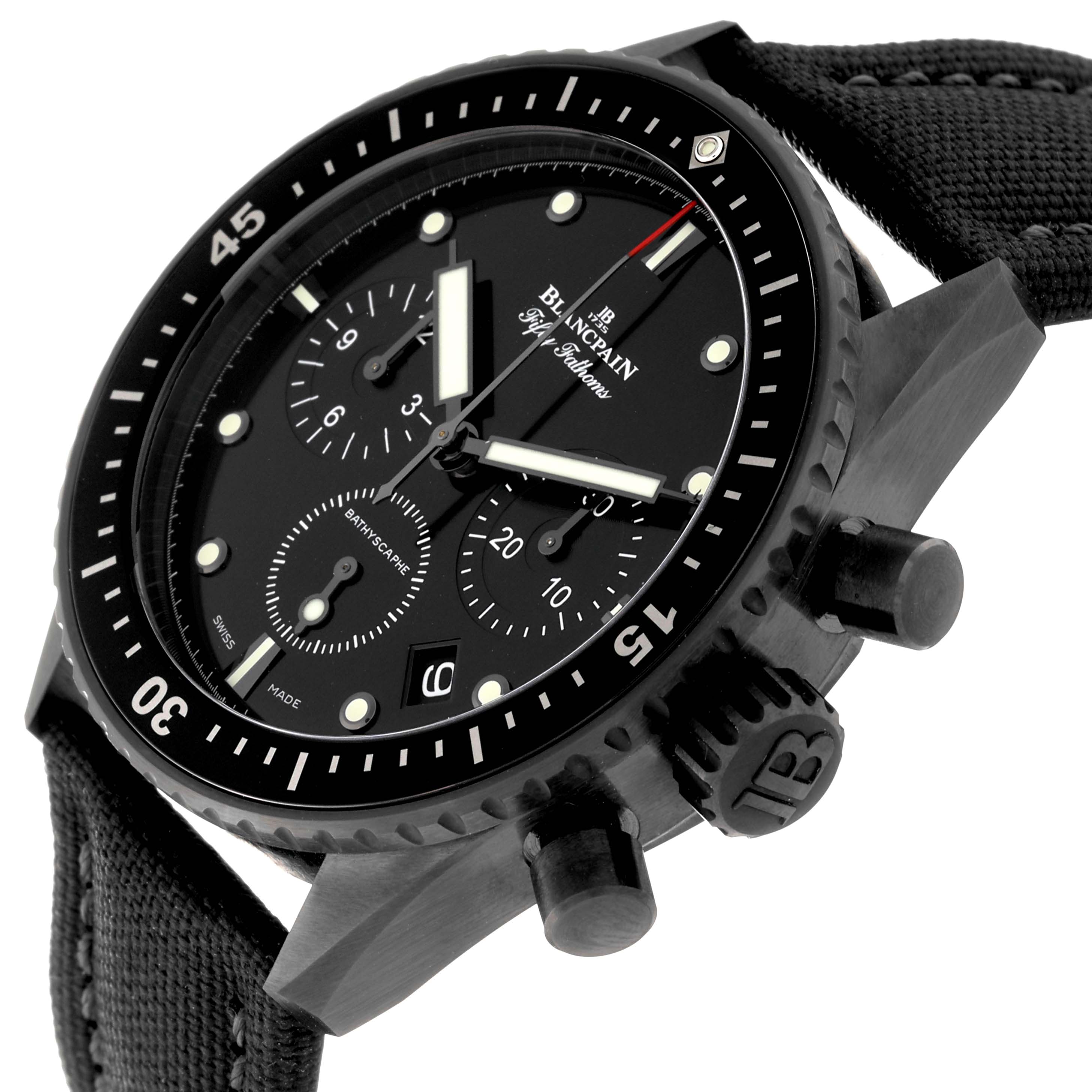 The image shows a side angle of the Blancpain Fifty Fathoms 5200-0130-B52A Men's Ceramic Black Dial 5200-0130-B52A Men's Ceramic Black Dial watch, highlighting the bezel, dial, pushers, and strap.