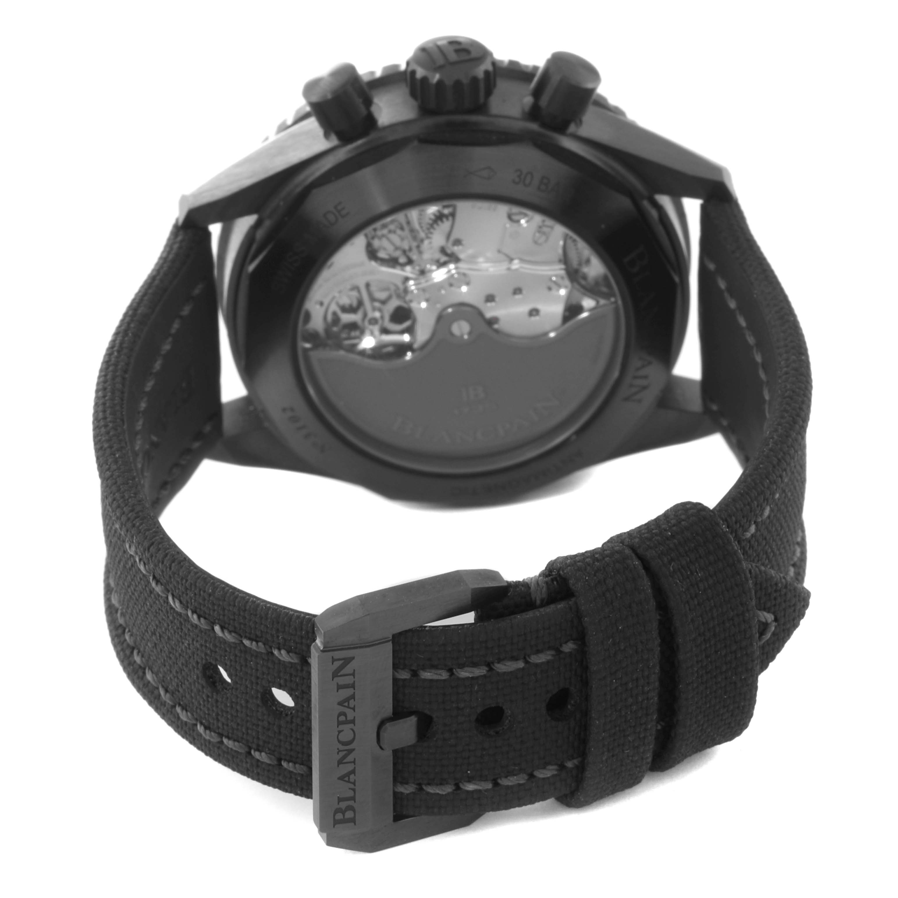 The image shows the back view of a Blancpain Fifty Fathoms 5200-0130-B52A Men's Ceramic Black Dial 5200-0130-B52A Men's Ceramic Black Dial watch, displaying its open case back and strap with the Blancpain buckle.