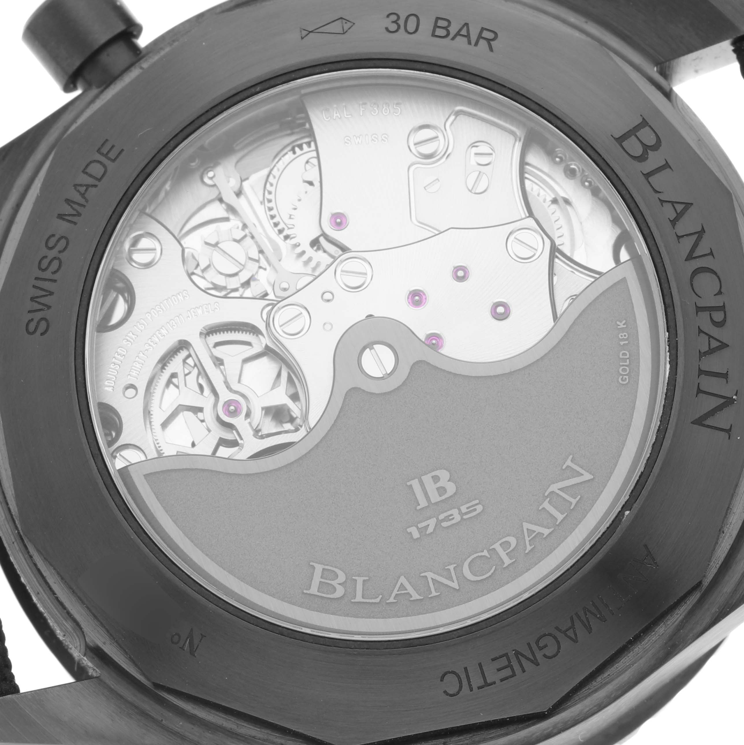 The image shows the case back of the Blancpain Fifty Fathoms 5200-0130-B52A Men's Ceramic Black Dial 5200-0130-B52A Men's Ceramic Black Dial watch, revealing its intricate mechanical movement.