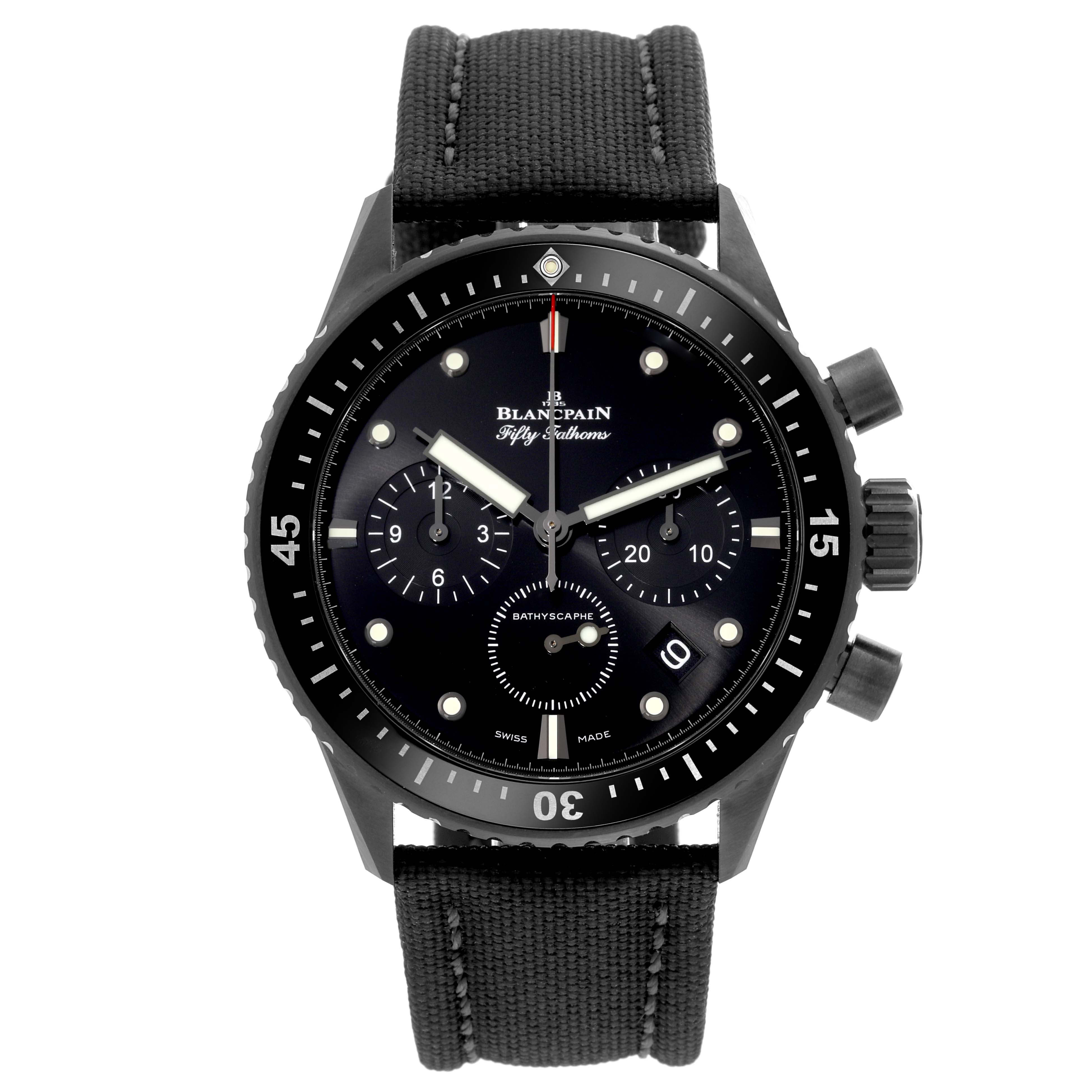 The image shows a front view of the Blancpain Fifty Fathoms 5200-0130-B52A Men's Ceramic Black Dial 5200-0130-B52A Men's Ceramic Black Dial watch, displaying its dial, bezel, and strap.