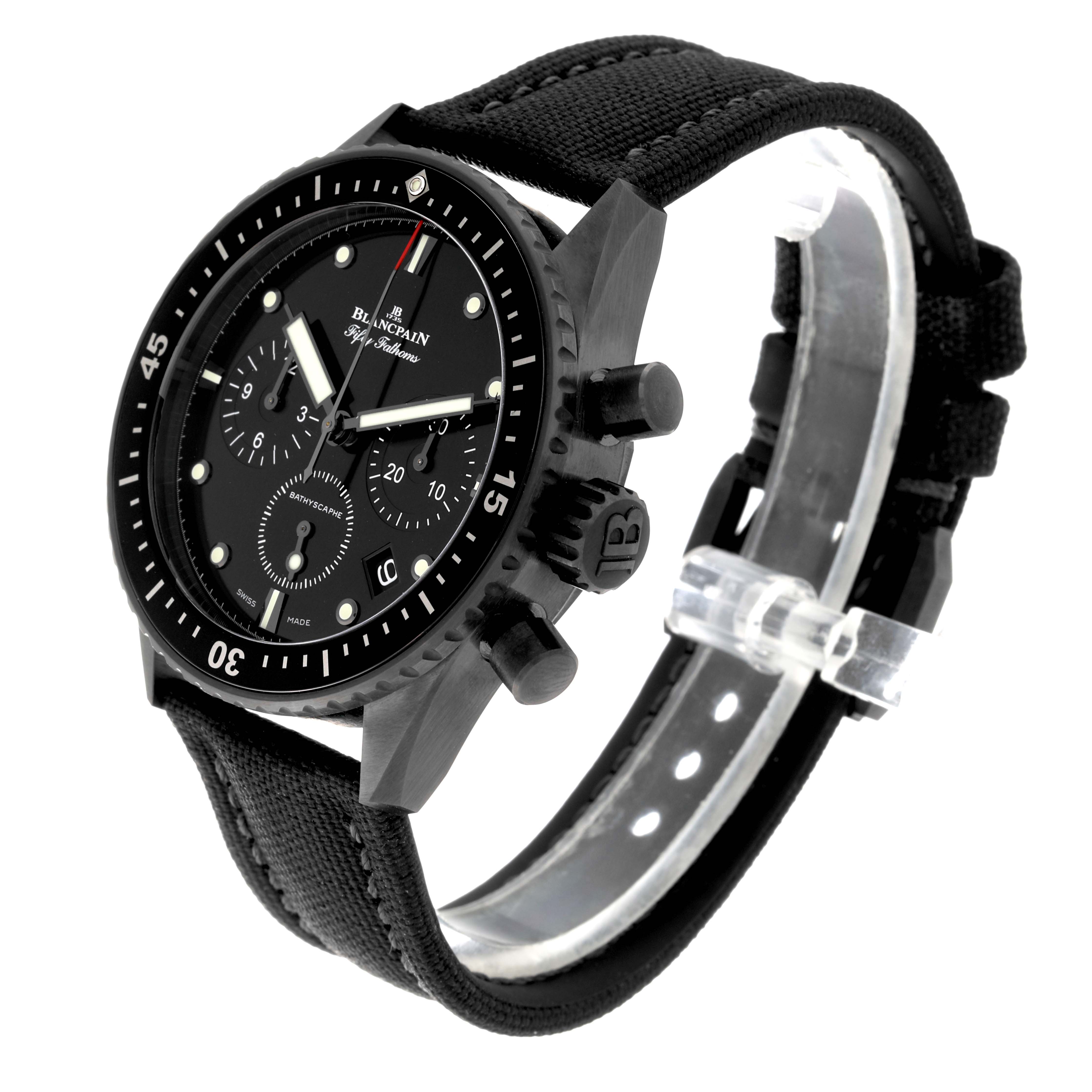 The image shows a side-angle view of the Blancpain Fifty Fathoms 5200-0130-B52A Men's Ceramic Black Dial 5200-0130-B52A Men's Ceramic Black Dial watch, displaying the dial, bezel, crown, pushers, and strap.