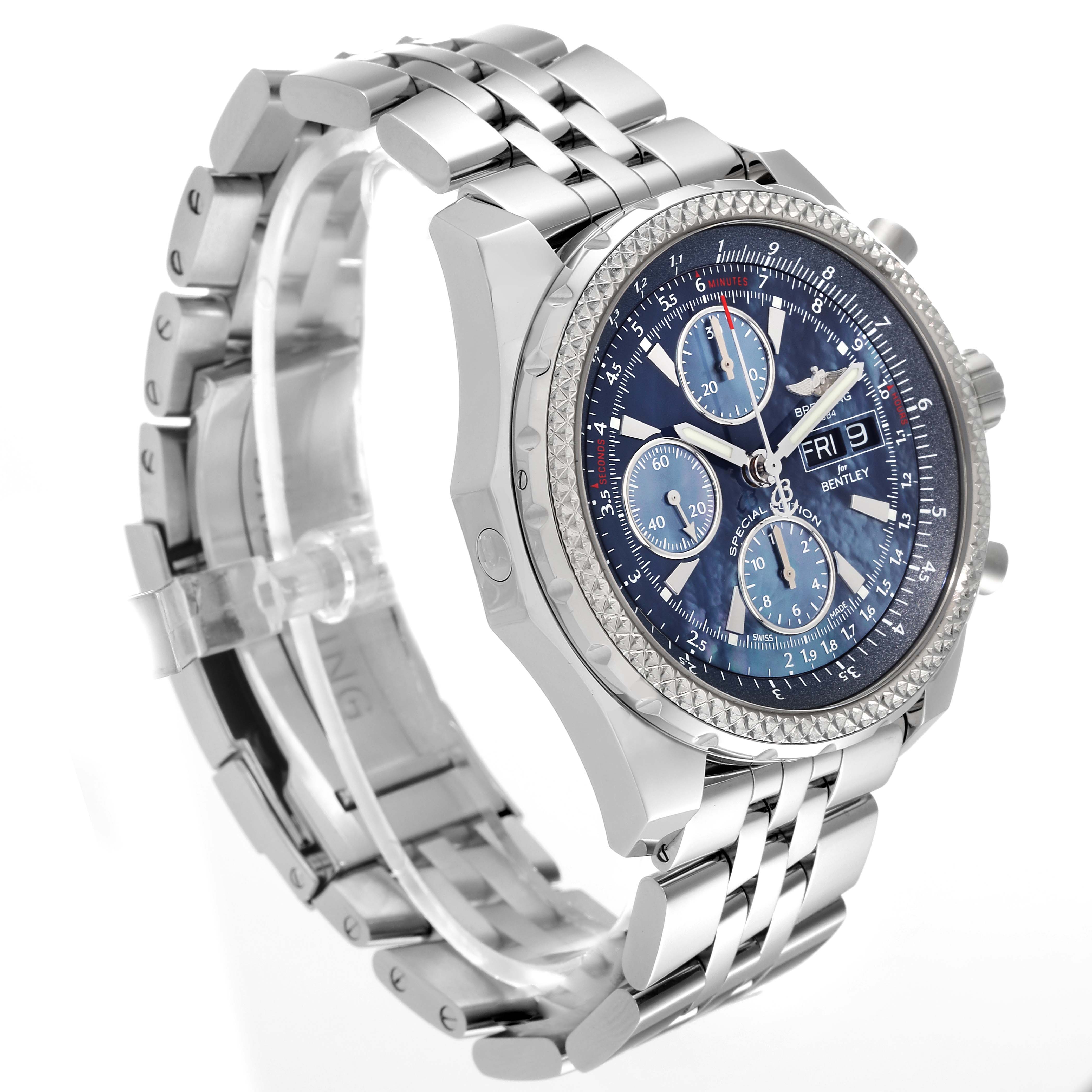 This image shows a side angle view of the Breitling Bentley A13362 Men's Stainless Steel Mother of Pearl Dial A13362 Men's Stainless Steel Mother of Pearl Dial watch, highlighting the blue dial, metal strap, and chronograph features.