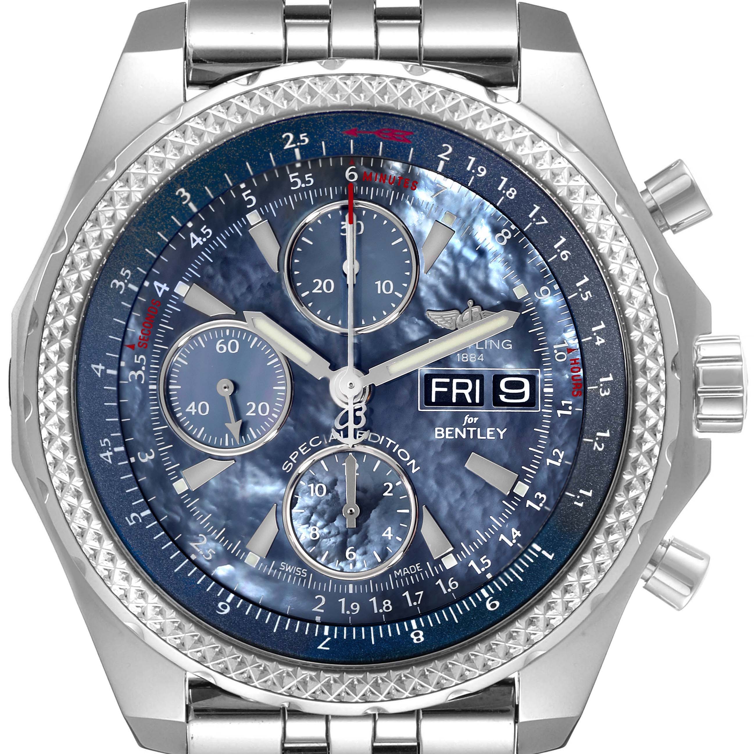The image shows a front view of the Breitling Bentley A13362 Men's Stainless Steel Mother of Pearl Dial A13362 Men's Stainless Steel Mother of Pearl Dial model watch, highlighting the dial, bezel, and chronograph functions.