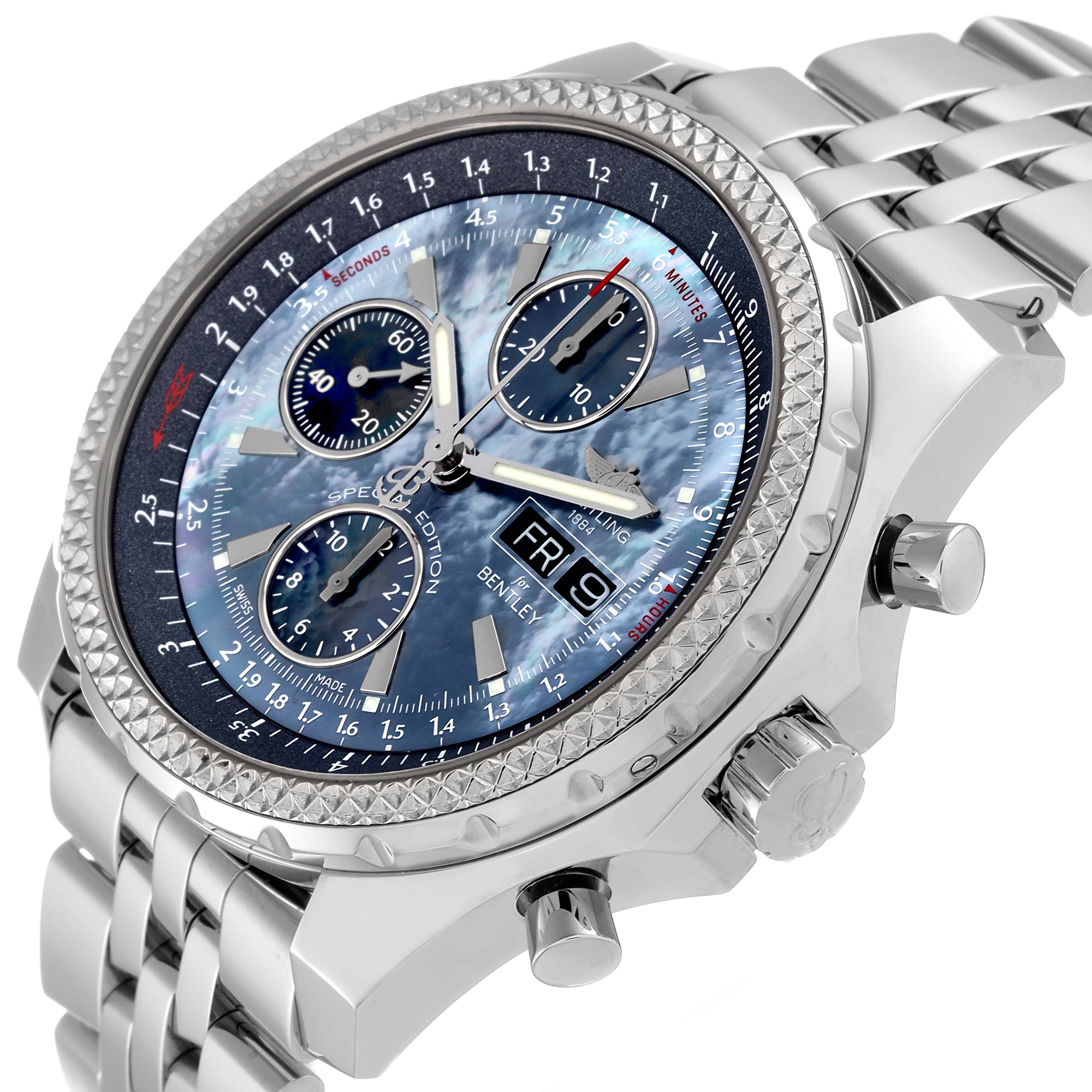 This Breitling Bentley A13362 Men's Stainless Steel Mother of Pearl Dial A13362 Men's Stainless Steel Mother of Pearl Dial watch is shown from an angled side view, highlighting the face, bezel, side buttons, and metal band.