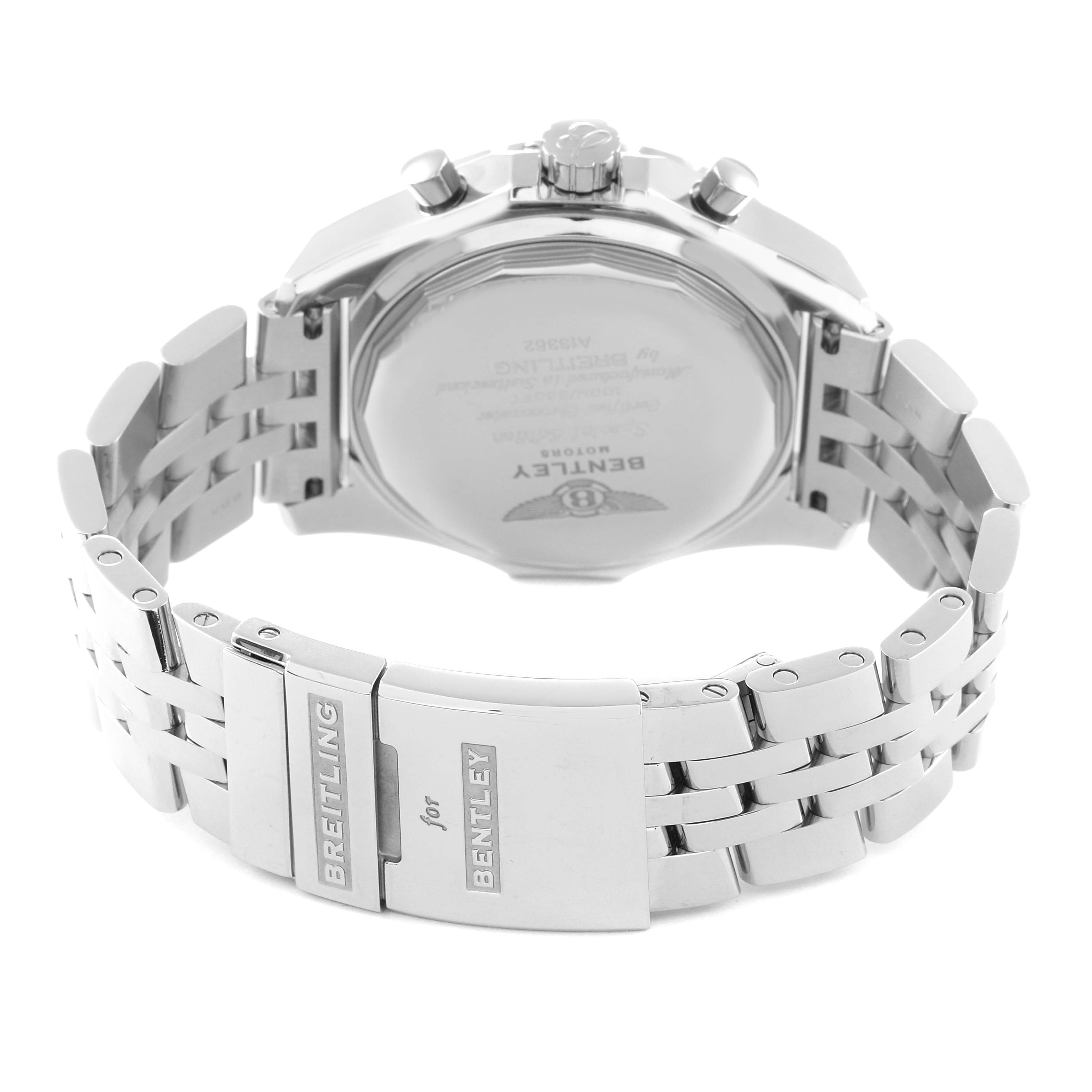This image shows the back case and bracelet of a Breitling Bentley A13362 Men's Stainless Steel Mother of Pearl Dial A13362 Men's Stainless Steel Mother of Pearl Dial watch, highlighting the clasp with the brand names engraved.