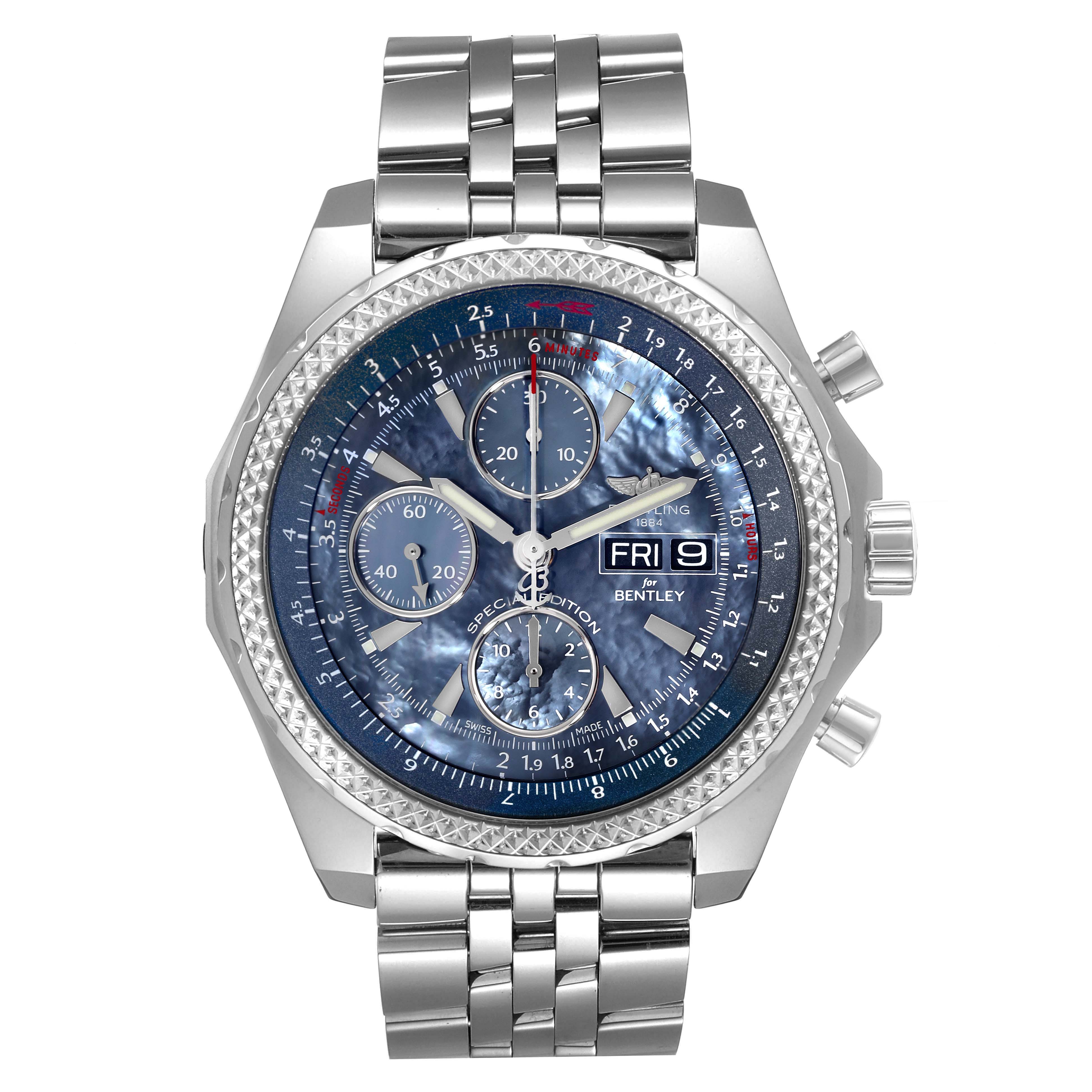 This image shows a front view of a Breitling Bentley A13362 Men's Stainless Steel Mother of Pearl Dial A13362 Men's Stainless Steel Mother of Pearl Dial watch, displaying the dial, bezel, and stainless steel bracelet.