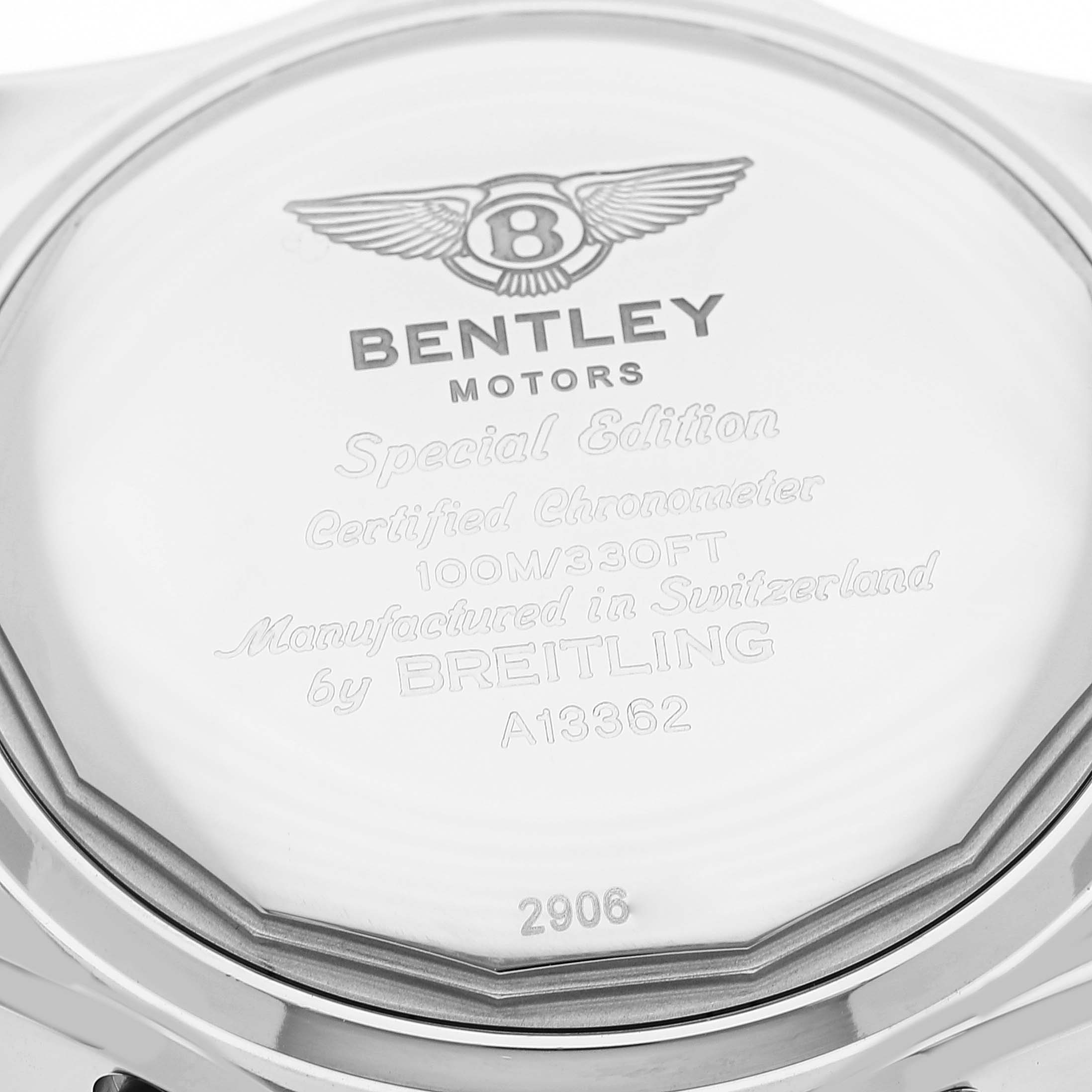 This image shows the case back of a Breitling Bentley A13362 Men's Stainless Steel Mother of Pearl Dial A13362 Men's Stainless Steel Mother of Pearl Dial model watch with engraved details.