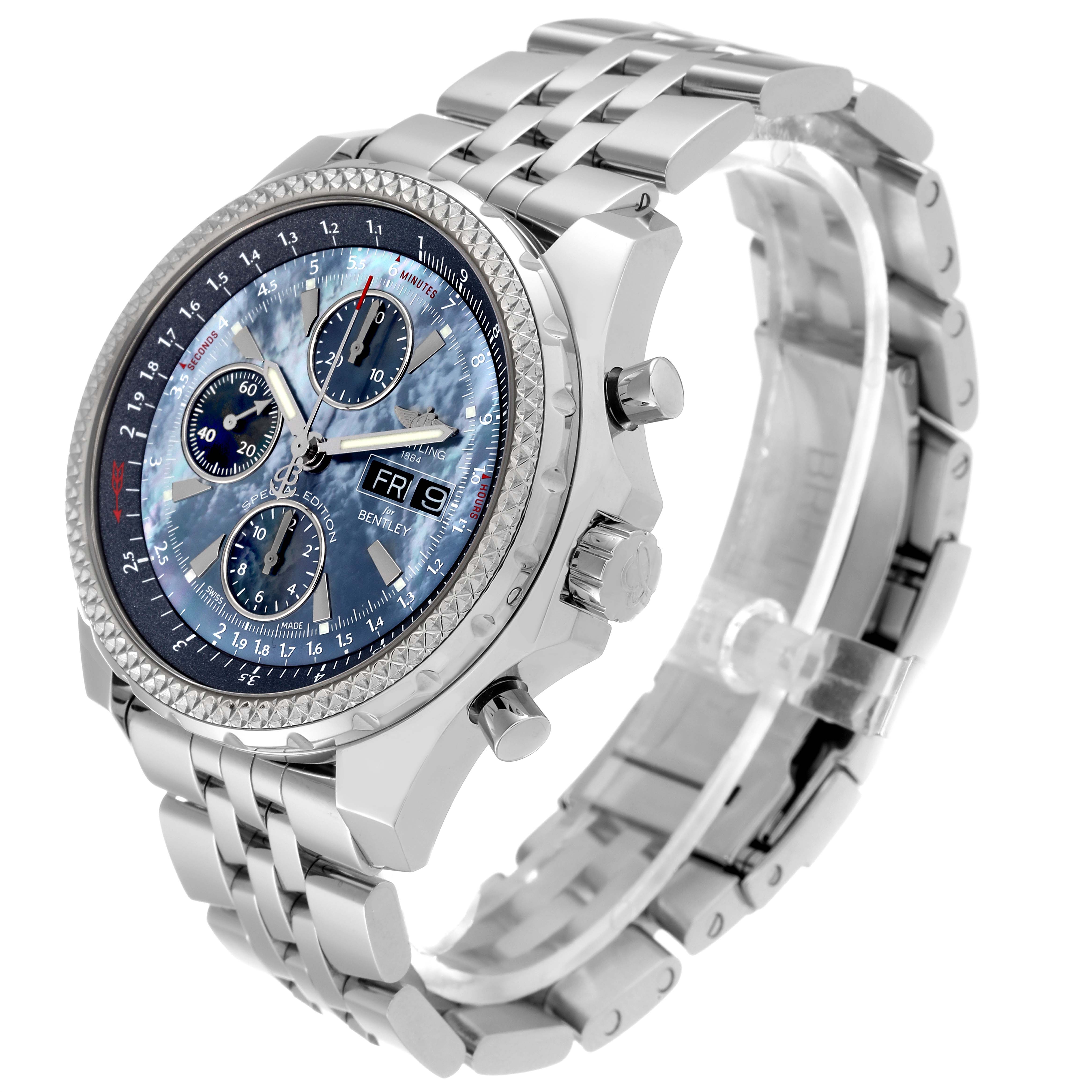 The Breitling Bentley A13362 Men's Stainless Steel Mother of Pearl Dial A13362 Men's Stainless Steel Mother of Pearl Dial watch is shown at an angled side view, displaying the dial, bezel, crown, pushers, and part of the bracelet.